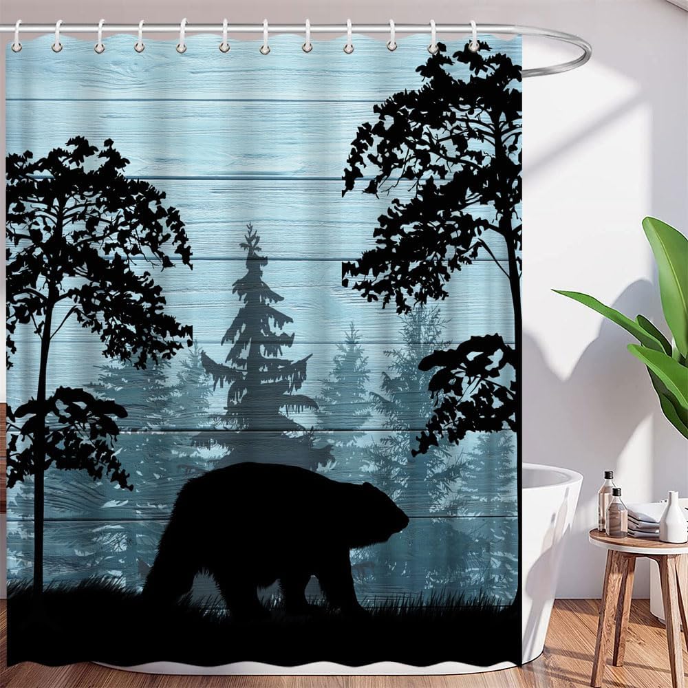Rustic Bear Forest Shower Curtain Cabin Wildlife Animal Vintage Wooden Board Country Hunting Camping Nature Polyester Curtains Bathroom Decor with Hooks 70" Wx78 H