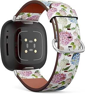 CJBROES Replacement Leather Watch Band, Compatible with Fitbit Versa 3 and Fitbit Sense of Wristband Bracelet Accessory - Hydrangea Watercolor