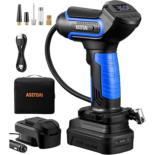 AstroAI Tire Inflator Air Compressor Cordless Car Tire Pump with 20V Rechargeable Li-ion Battery 150 PSI Portable Handheld Air Pump with 12 V Car Power Adapter for Cars Motorcycles LS40791（C1）