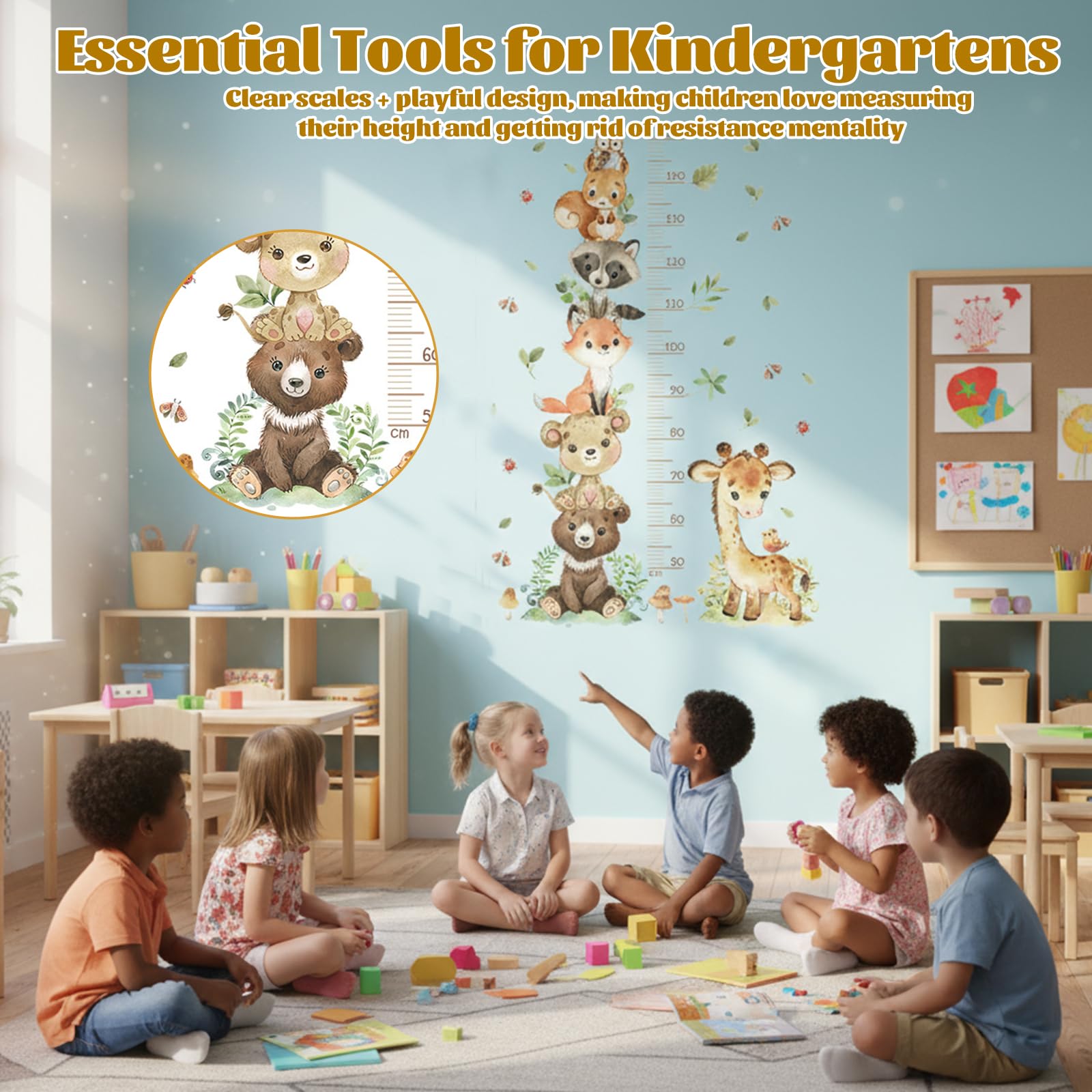 Toise Murale Enfant, Stickers Muraux Chambre Bébé, Règle de Hauteur Enfant, Autocollant Mural Animaux de la Forêt, Sticker Mural de Croissance 50-150 cm, pour Garçons et Filles