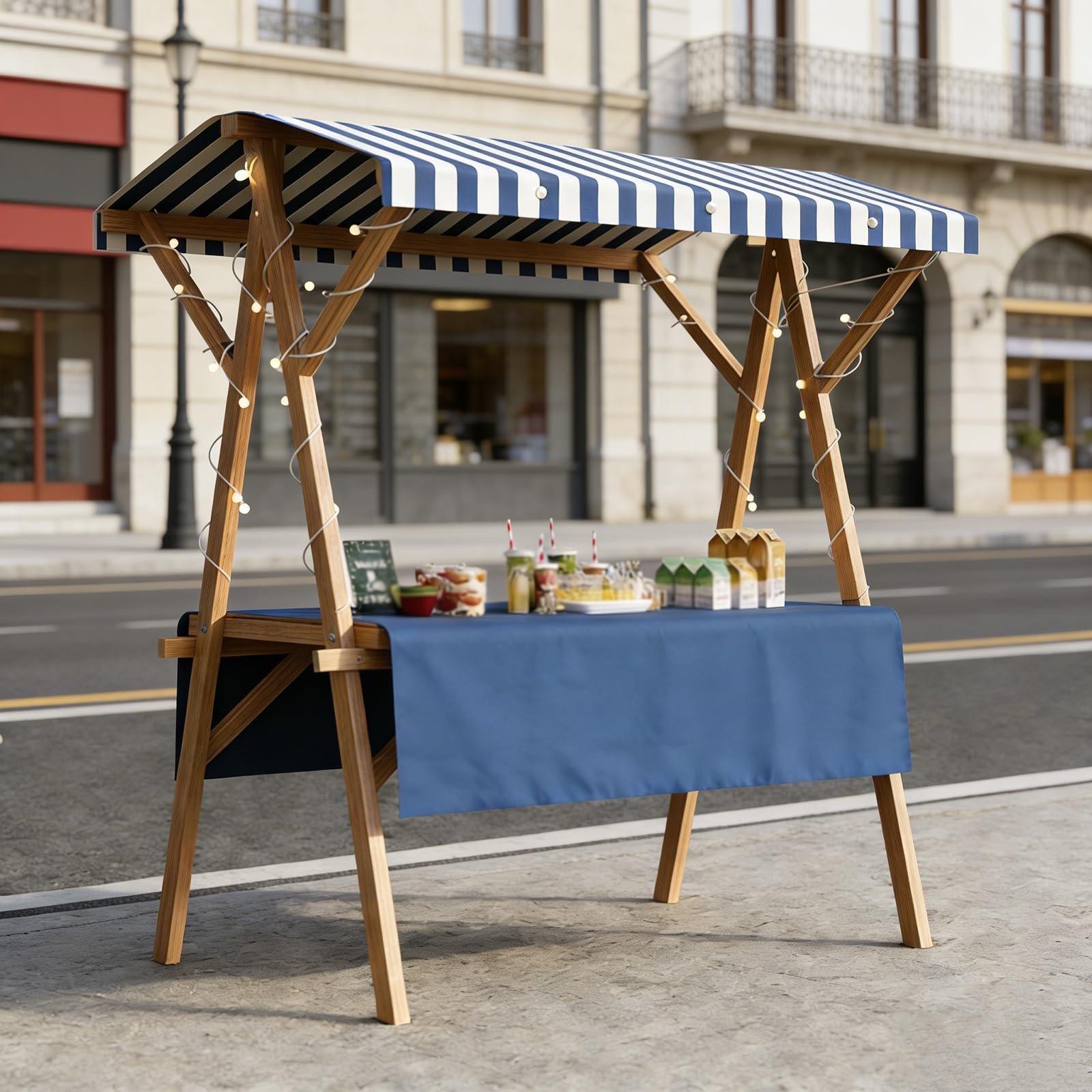 Carrello pieghevole in legno con tettoia, carrello per venditori all'aperto, ideale per venditori ambulanti all'aperto, mercati, spiagge, cabine al dettaglio e varie occasioni di celebrazione