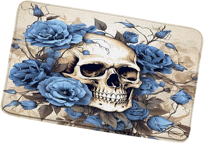 Skull Floral Bath Mat Halloween Gothic Skeleton Blue Rose Flower All Saints Day Home Vintage Bathroom Rugs Toilet Bedroom Kitchen Indoor Floor 17.8x29.5 in