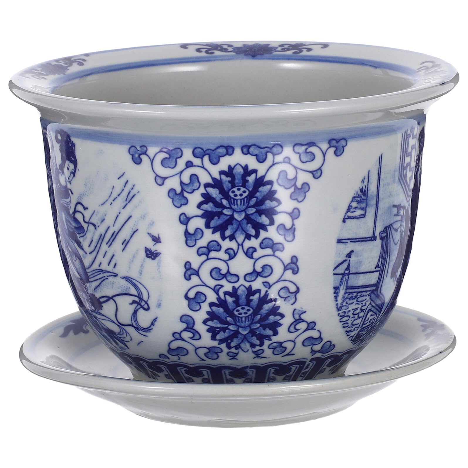 Pot en céramique bleu et blanc avec plateau pour plantes d'intérieur