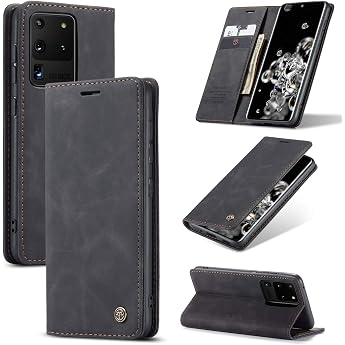 Case for Samsung Galaxy S20 Ultra Flip Case Premium Leather Case Soft Vintage Nubuck Leather Foldable Stand Protective Case Card Slot Stand Function Flip Case Samsung Galaxy S20 Ultra 5G - Black