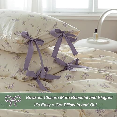 Miniatura 4 de VM VOUGEMARKET Juego de funda de edredón de algodón Queen, juego de ropa de cama floral de 3 piezas, funda de edredón de flores de lavanda para