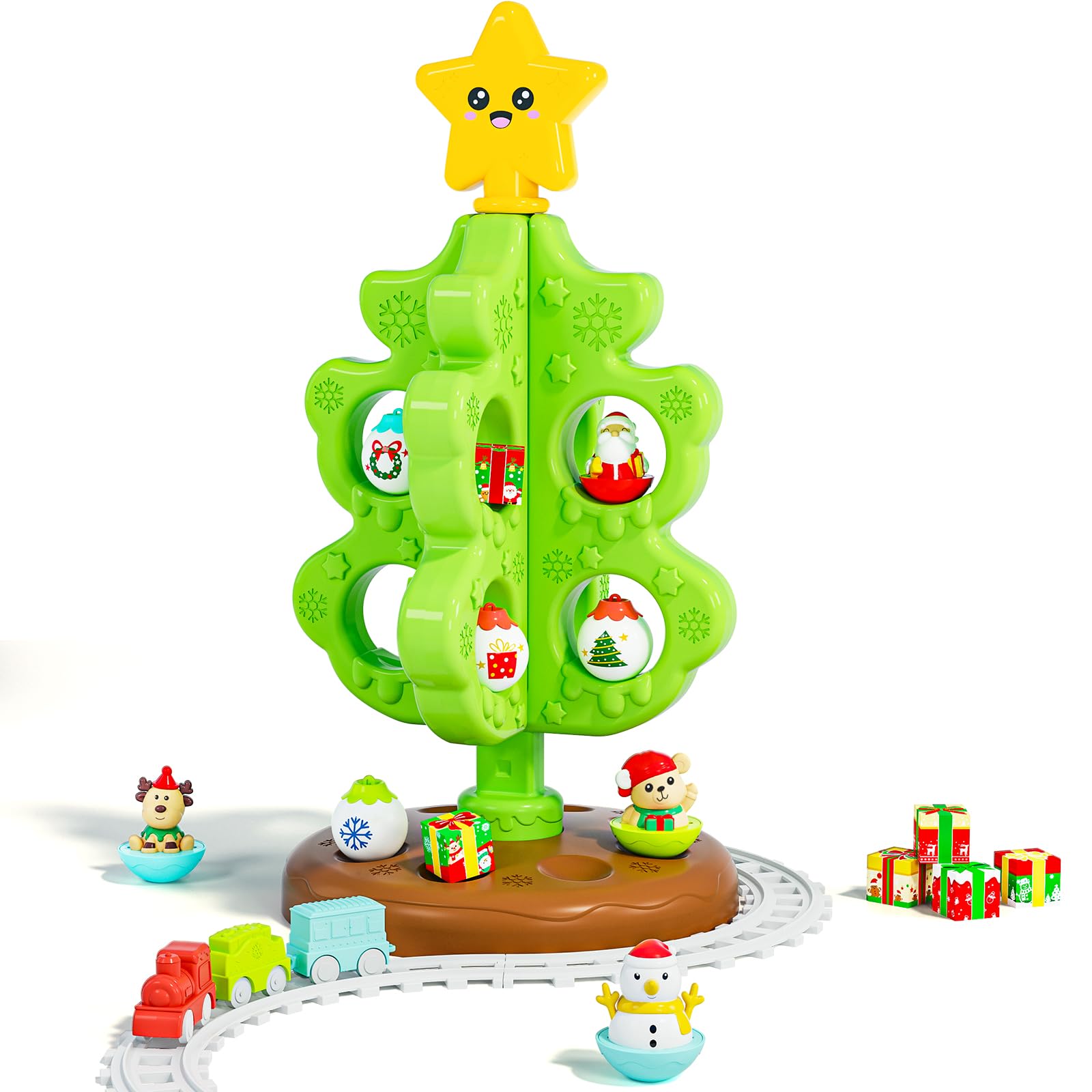 Mon Premier Sapin de Noël pour Enfants, Jouet de Décoration de Noël Montessori avec Ornements, Mini Train, Jouets Boule-à-Roller, Marionnettes à Doigts, Cadeaux et de Noël pour Enfants Garçons Filles
