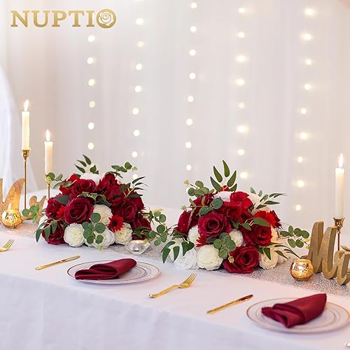 Miniatura 2 de NUPTIO Arreglo de Ramo de Bolas de Flores - 2 Piezas de 13.8 pulgadas de Diámetro Bolas de Rosas Falsas Carmesí y Blanco para Centros de Mesa Mesas