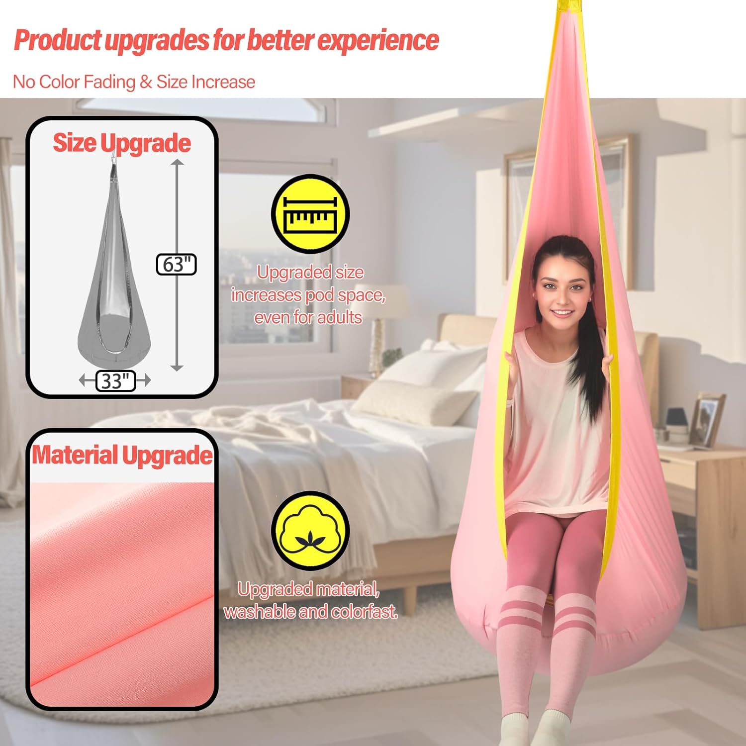 Kids Pod Swing Seat, Max 300 Lbs, Child Sensory Swing Chair Indoor & Outdoor Therapy Hammock Chair with Hanger Kit for Calming, Effect for Autism, ADHD or SPD. (Pink)