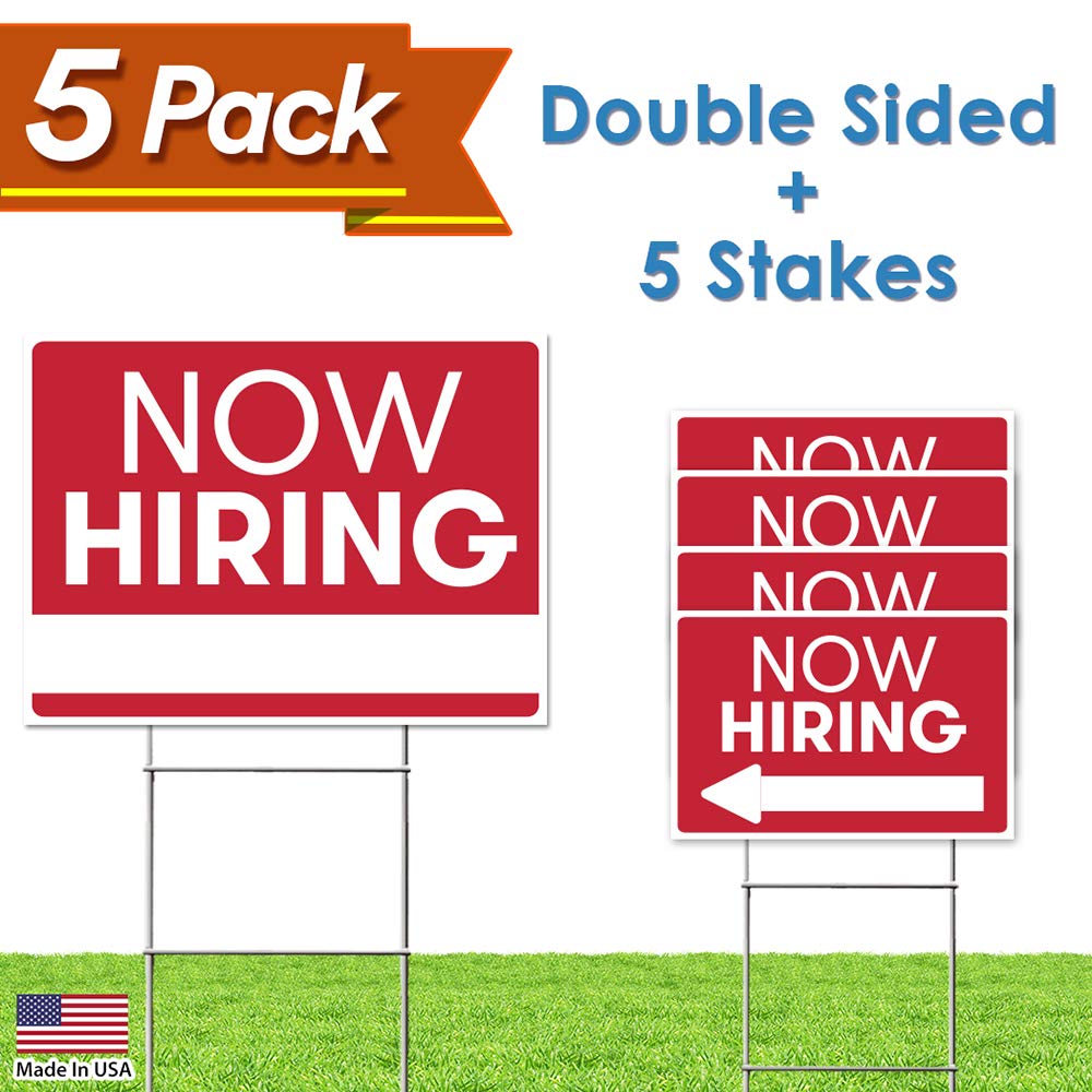 Now Hiring Sign for Business - Help Wanted - 5 Pack - (1) 18"x24"& (4) 12"x18" - Thick Durable Double Sided included (5) H Wire Stakes (Pixelverse Design)