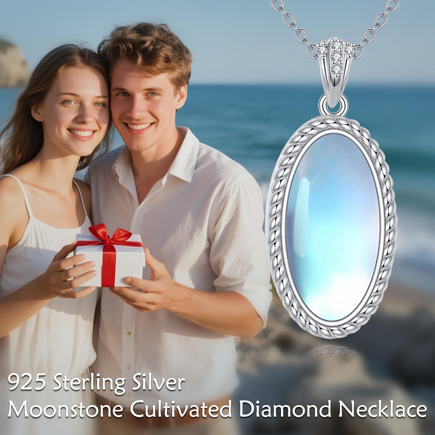 925 Sterling Silver Diamond Moonstone Necklace, Dainty Moonstone Necklaces for Women, Jewelry Gift for Birthday Anniversary Valentine's Day, with 18+2inch Chain - Image 2