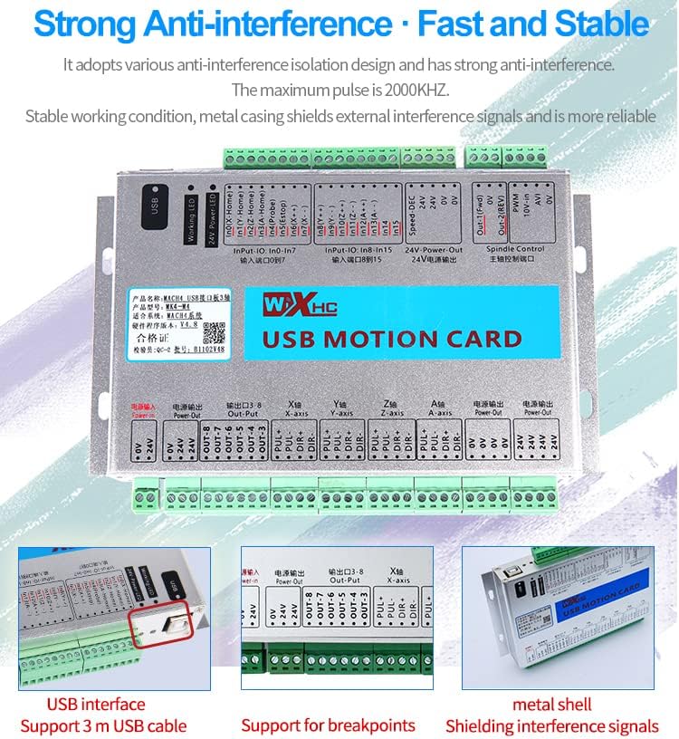 Mach4 Motion Control Card highlighting anti-interference features and metal casing