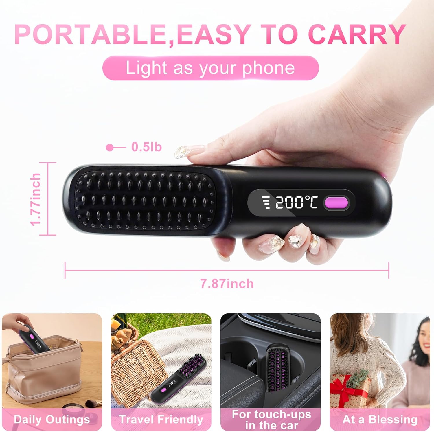 Cordless Hair Straightener Brush, Rechargeable Hot Comb Hair Straightener with 3 Temp Settings, Anti-Scald Portable Hair Straightening Brush with 300 Million Negative Ions for Home Travel - Image 5