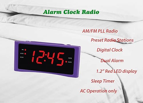 Miniatura 2 de HANNLOMAX Radio despertador HX-151CR, radio PLL AMFM, alarma dual, pantalla LED roja de 1.2 pulgadas, solo operación de CA. (morado)