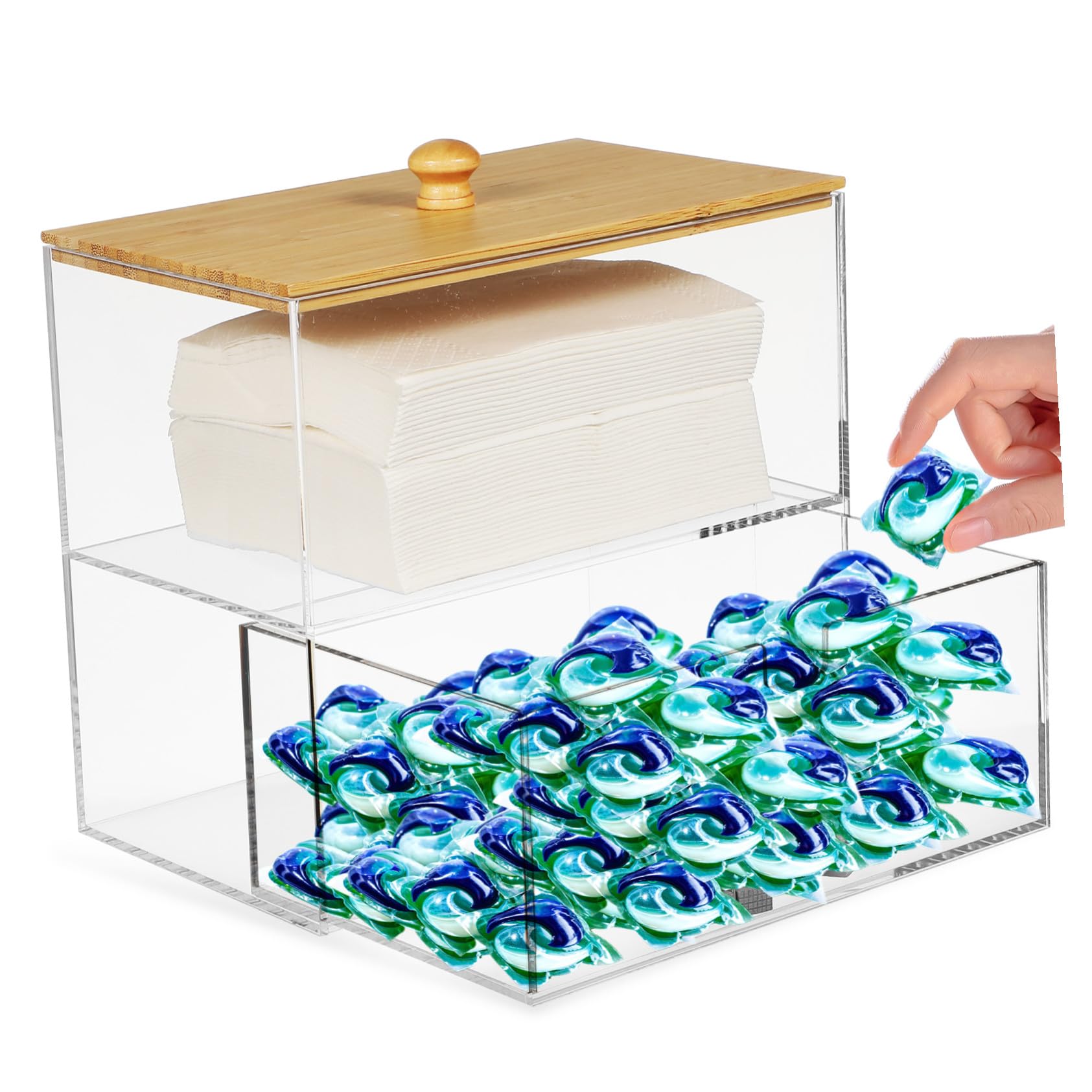 Artibetter Aufbewahrungsbox Organisierte Wäscheaufbewahrung aus Acryl für Waschmittelkapseln Doppellagig mit Bambusdeckel mit Zwei Fächern für Waschküche