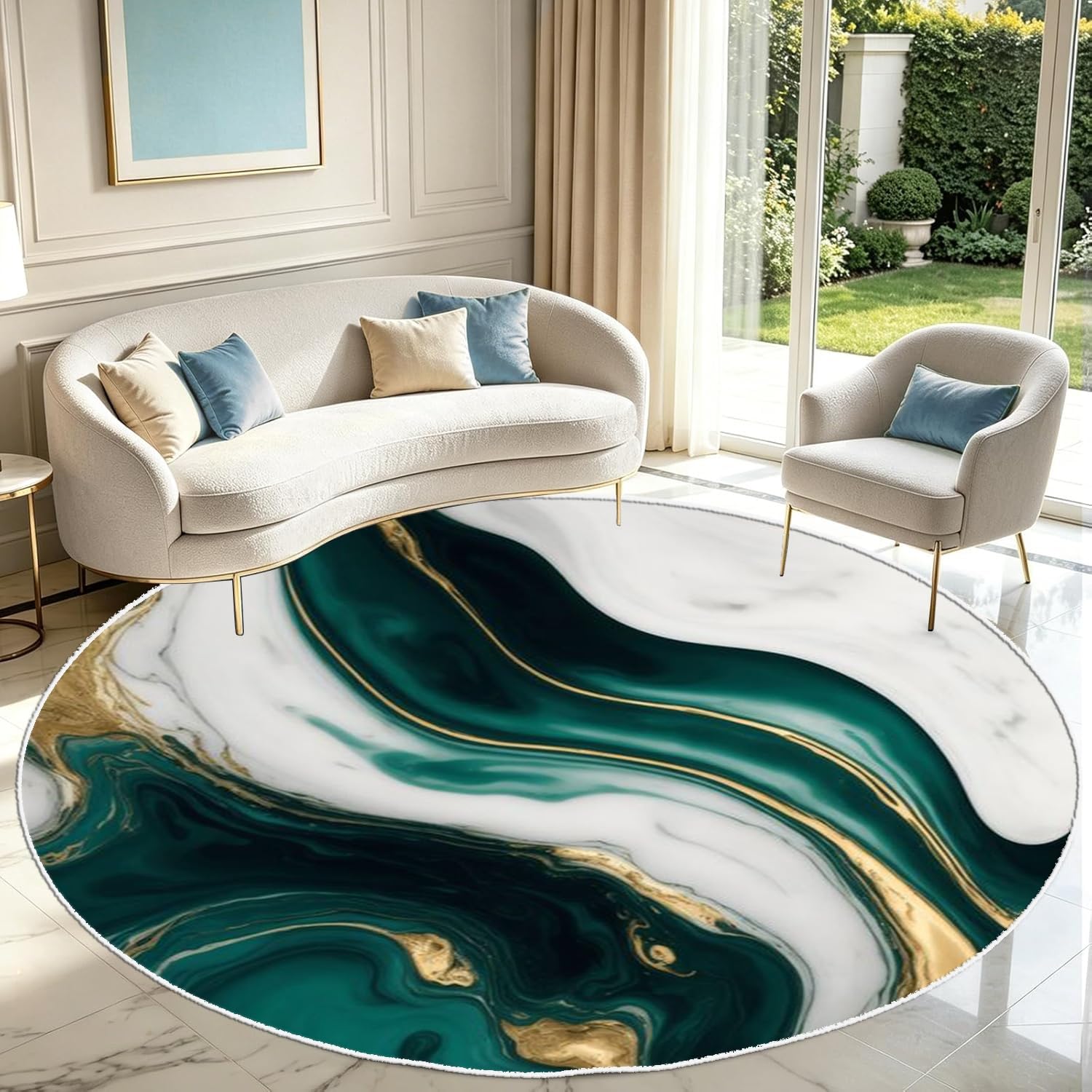 PDENZG Emerald Green and Gold Round Rug, 60cm,Luxury Fluid Agate Geode Art Marble Round Rug, Washable Non-Slip Emerald Green Rugs, for Bedroom Living Room Dining Room Bedside Abstract Carpet