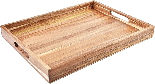 Bandeja de servir de madera de acacia con asas (17 pulgadas) – Bandejas decorativas para servir desayuno en la cama, almuerzo, cena, aperitivos,