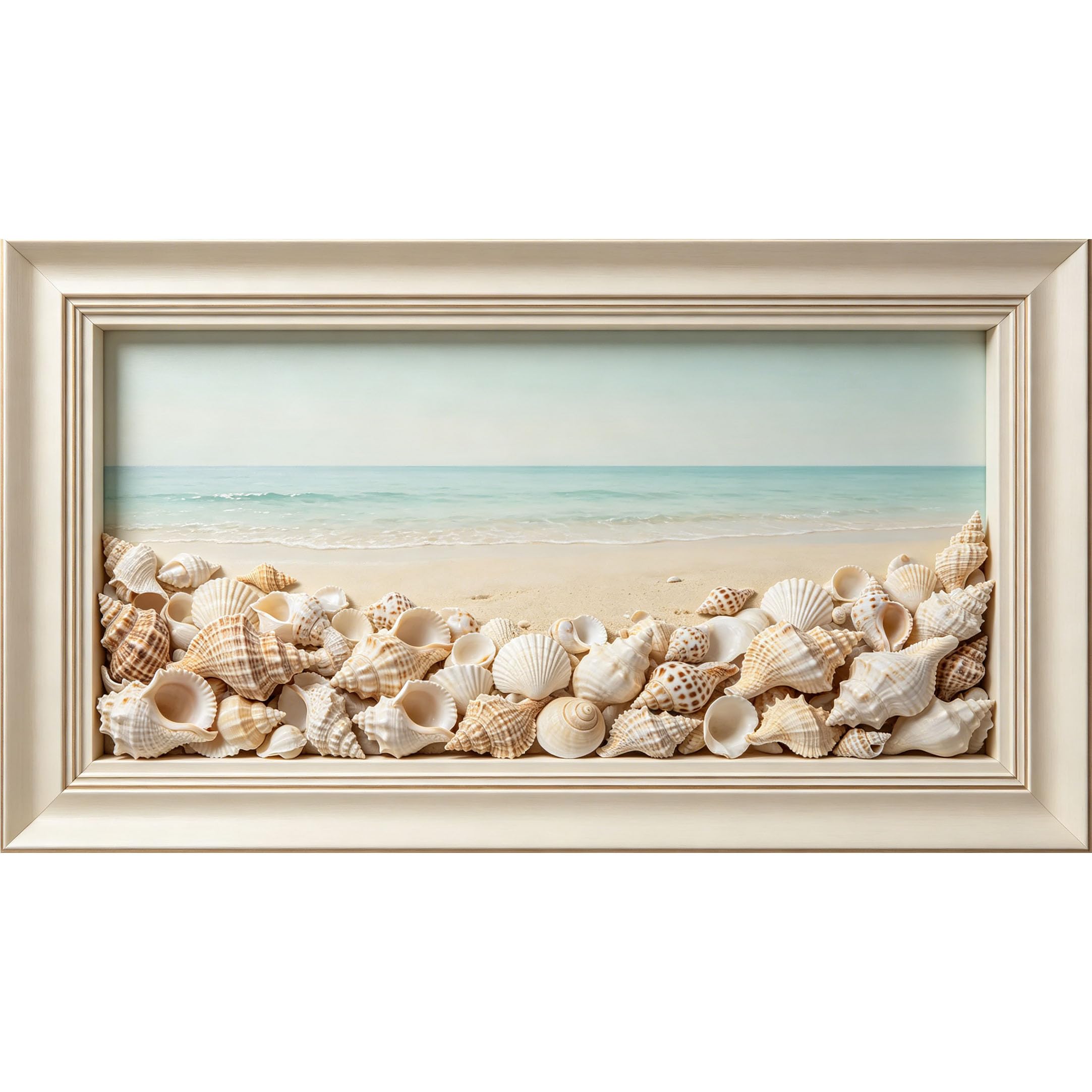 QZLITHOTIC 50×90cm3D Framed Wall Art， Coastal Seashell Beach Scenery Self?Adhesive Mural， Water?Activated Peel & Stick Fabric Decor Wall Decal for Bedroom Living Room