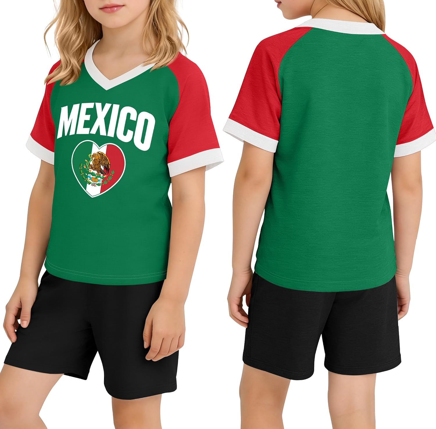 Kid Mexican Shirts Girls Love Mexico Shirts Mexico Graphic Jersey Mexican Heart Flag Tops V Neck