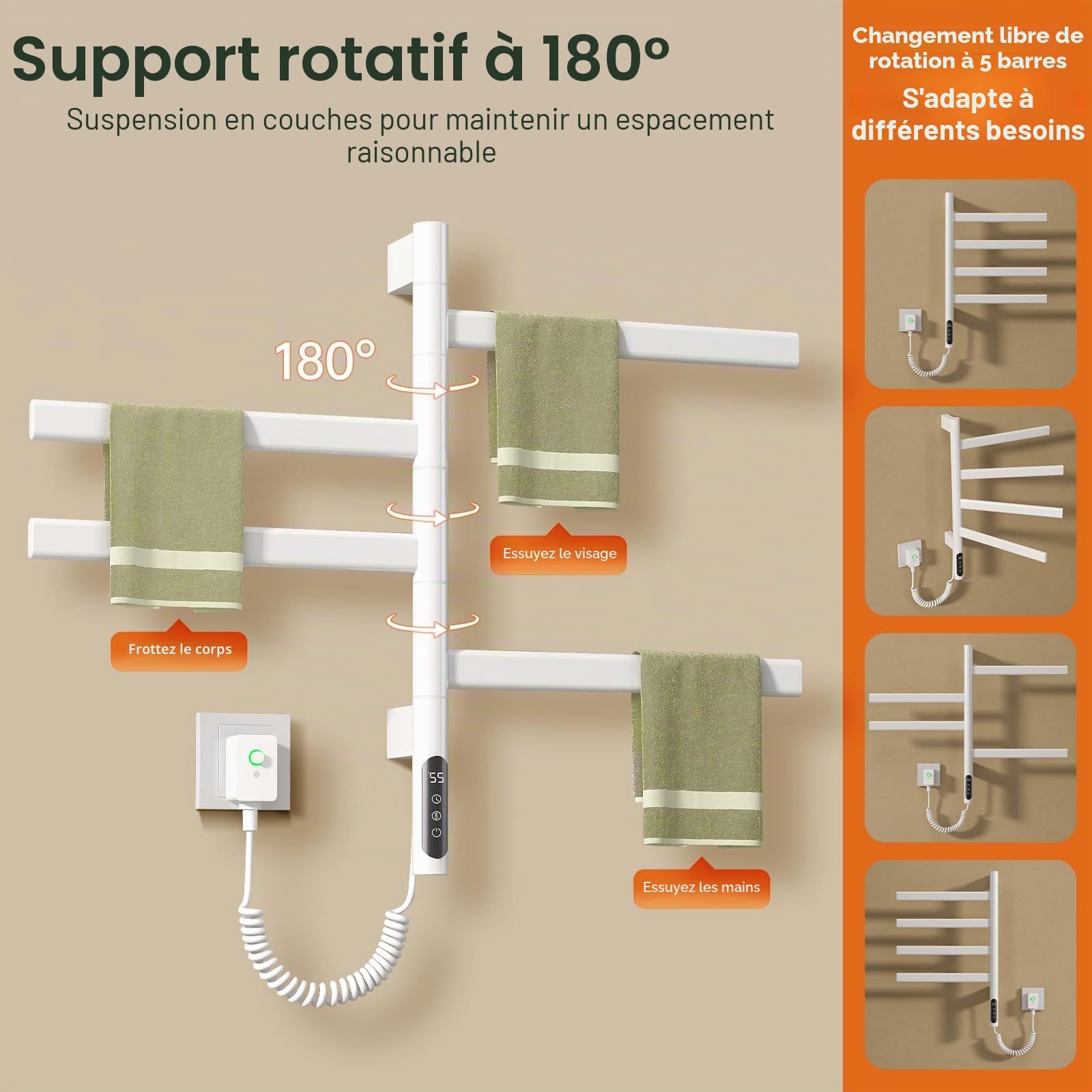 Sèche-Serviettes de Salle de Bain Rotatif à 180° radiateur sèche-Serviettes électrique 220V 150W avec minuterie et Thermostat 30-70