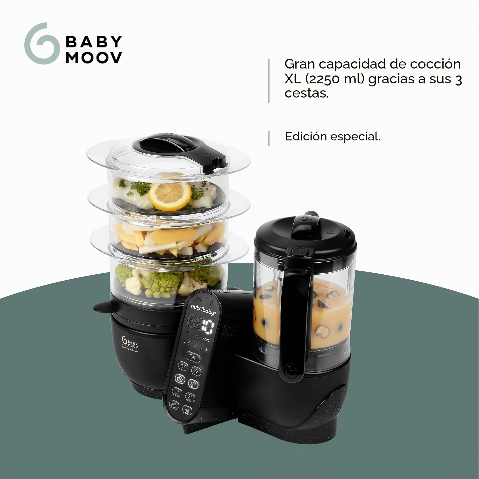 Babymoov Nutribaby(+) XL - Robot Multifunción 6 en 1, Vaporera, Batidora, Gran capacidad de 2,9 l, Óptimo para la Cocina por Lotes, Negro
