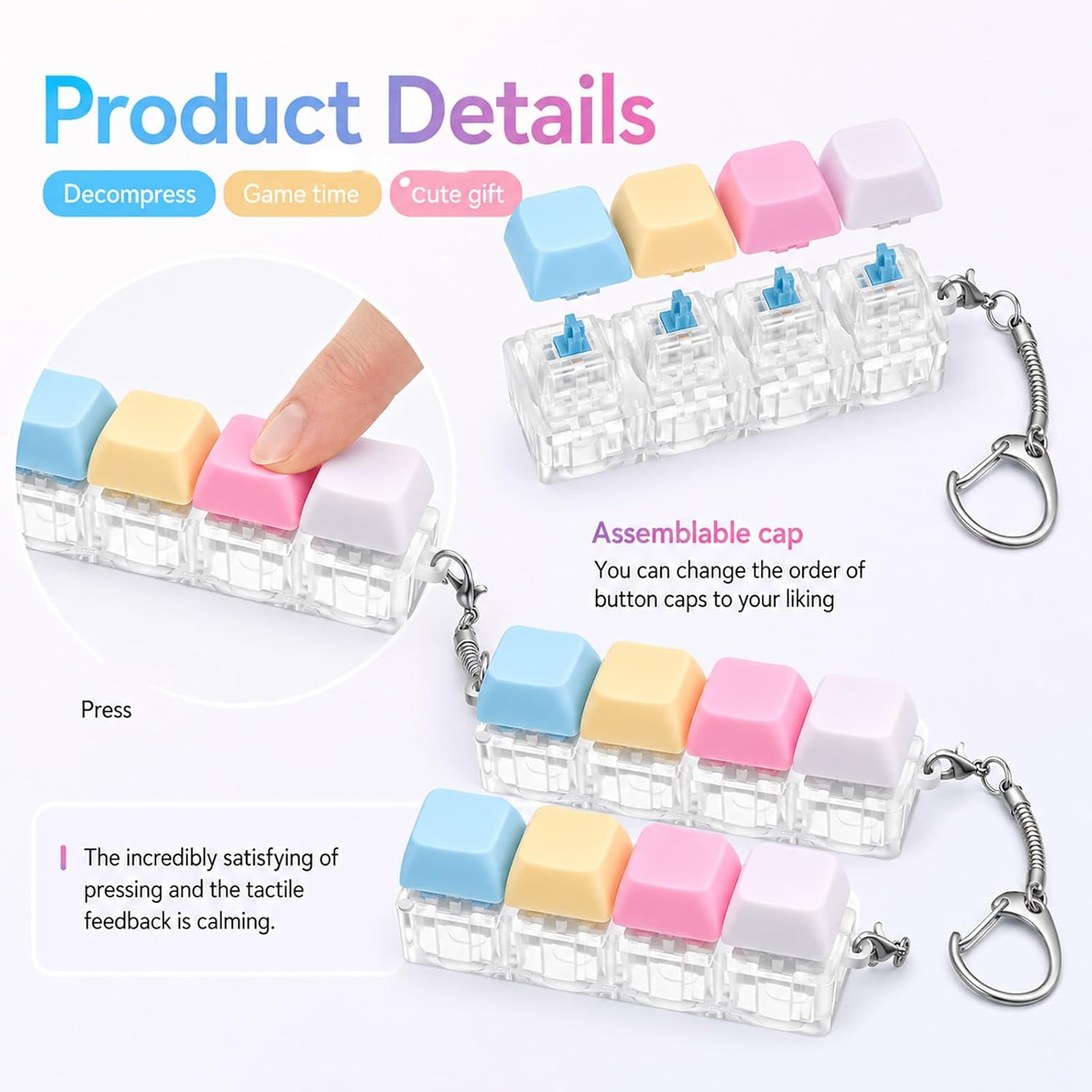 2 Pcs Keyboard Fidget Toys, Keyboard Decompression Button Finger Clicker, 4-in-1 Clicker Keychain for Anxiety Pass Time for Adult, Button Stress Relief Fidget image 3