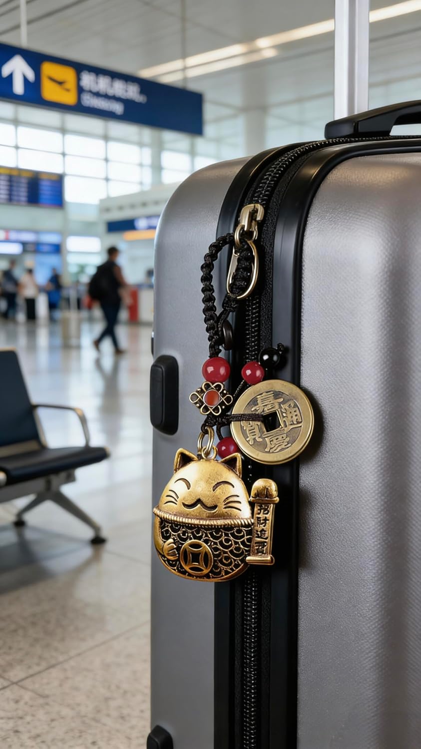 Lucky Cat Charms,Maneki Neko Brass Cat Keychain With Feng Shui Coins,Buddha Statue Kitty Good Luck Charms