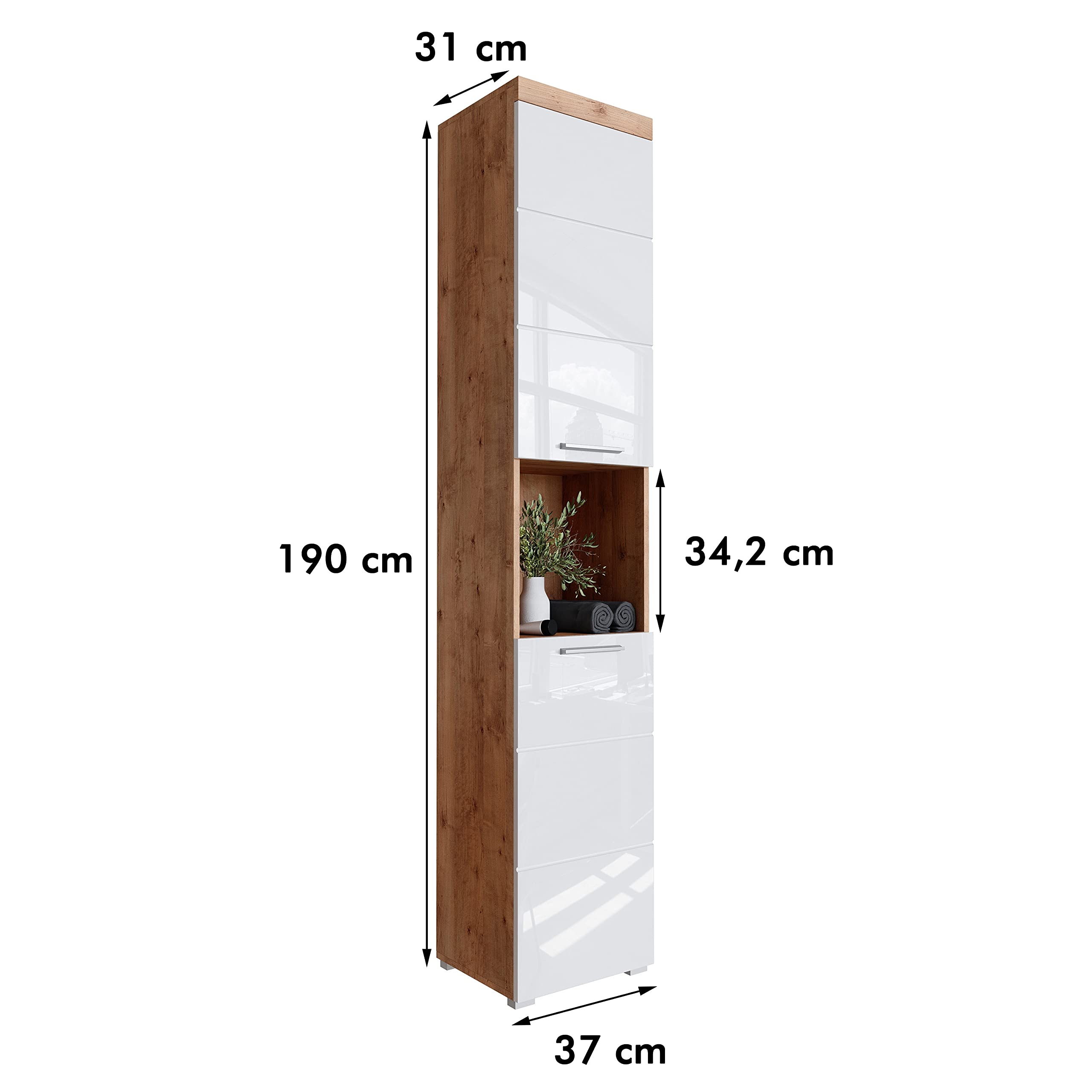 Newroom Badkommode Wildeiche/Weiß Hochglanz – 37x79x31 Cm, Mit Schublade & Tür
