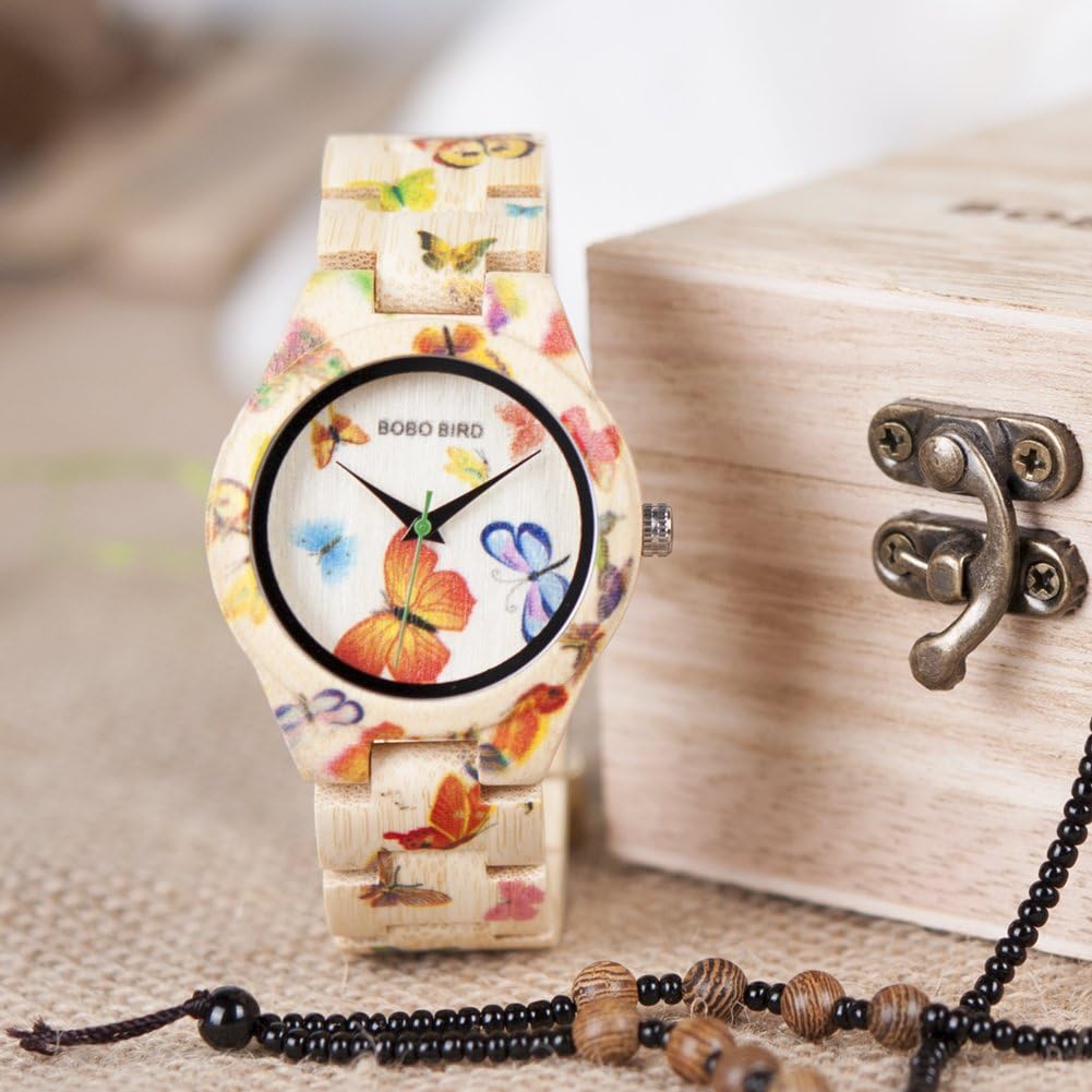 BOBO BIRD Women's Bamboo Watch Butterfly Engraved Handmade Wooden Casual Watches