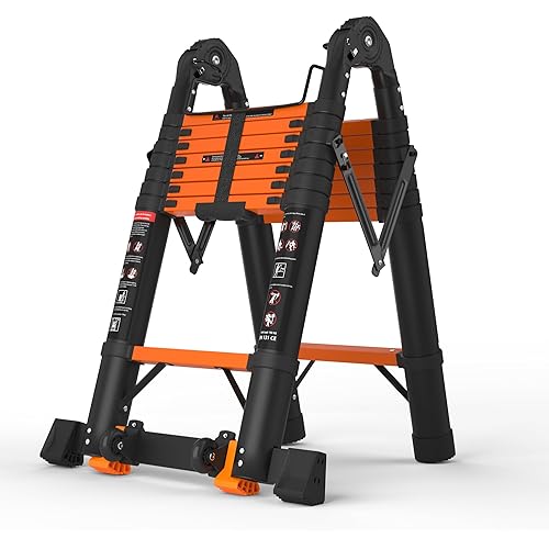 16.5 FT Telescoping A Frame Ladder, 8 Step, ANSI Certified, Type IA Heavy Duty, 330lbs Max Capacity, Aluminum Extension Ladder for Home, Roof, RV; Orange