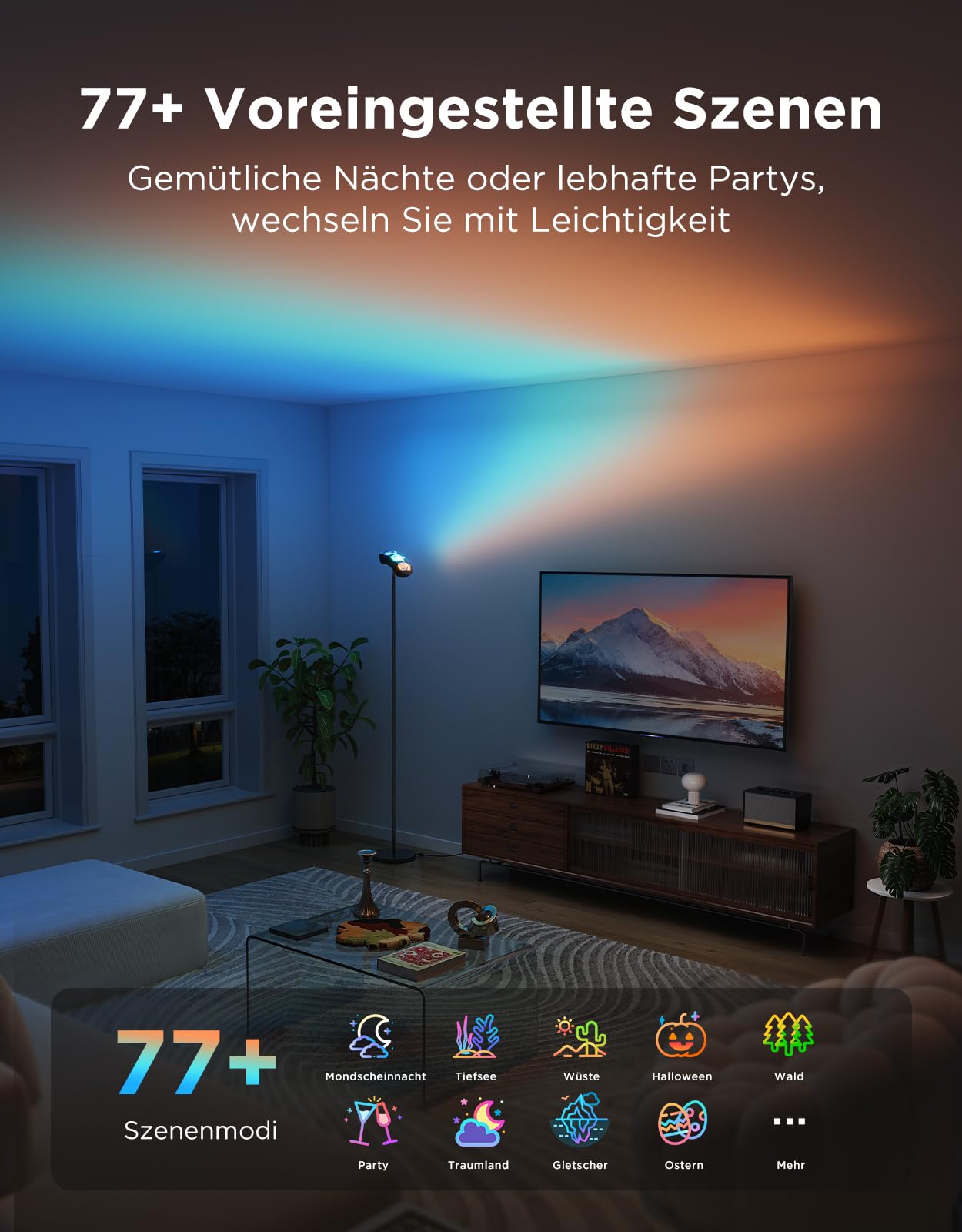 Govee Deckenfluter LED Stehlampe, RGBWWIC 3-Zone Control Stehleuchte | 16m² Gewährleisten, 780lm, 77 Szenen, Musik Sync, 170cm Stehlampen Schwarz für Wohnzimmer Schlafzimmer Deckenbeleuchtung Deko
