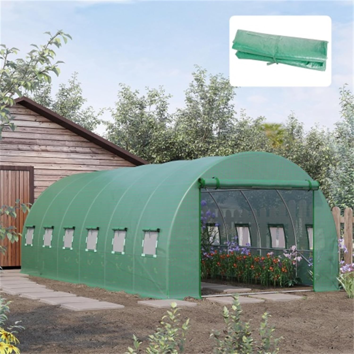 19.7' x 9.8' x 6.6' Plastic Greenhouse Cover Replacement, Plastic Shed, Heavy Duty Tarp for Hoop Greenhouse with 12 Windows, Door and Reinforced Grid, Green