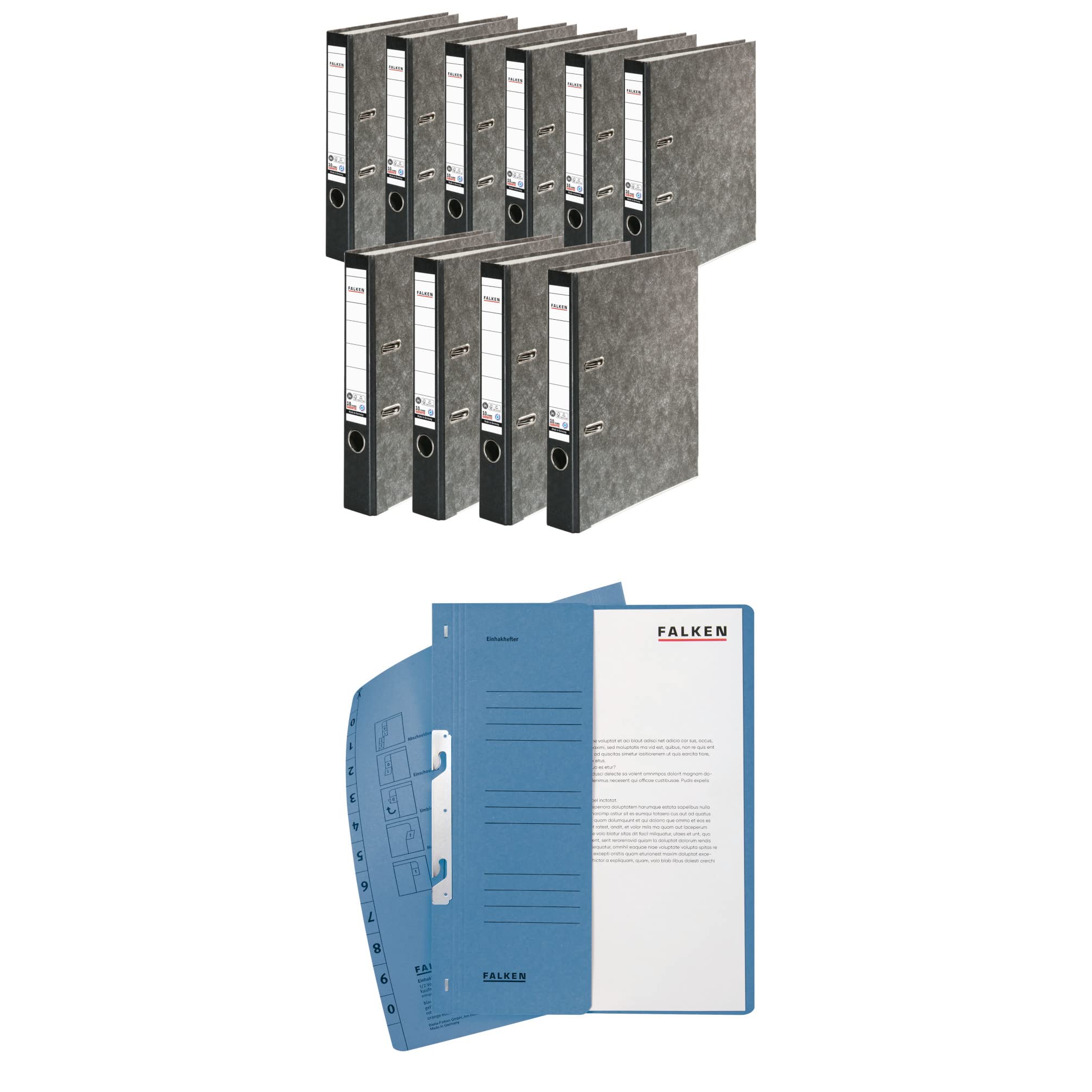 Original Falken 10er Pack Recycling-Ordner Wolkenmarmor 5 cm schmal DIN A4 schwarzer Rücken und Falken Einhakhefter halber Vorderdeckel kfm. Heftung blau 50er Pack