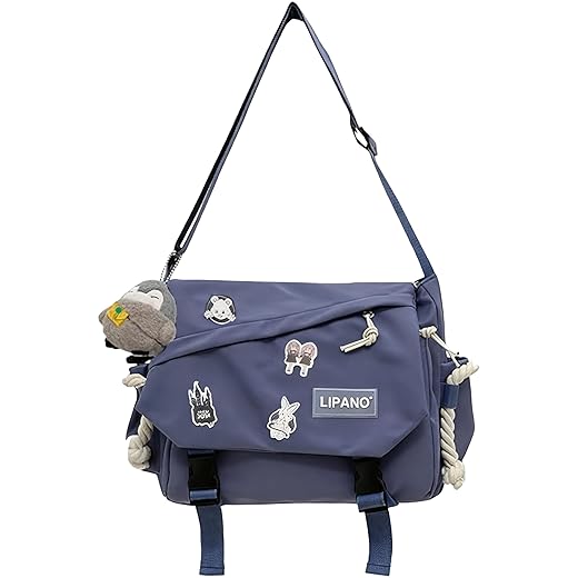 Inshere Aesthetic Crossbody Bag with Cute Pins and Ornament, Casual Shoulder Messenger Bag Japanese Kawaii Bag for Women Men (Blue)