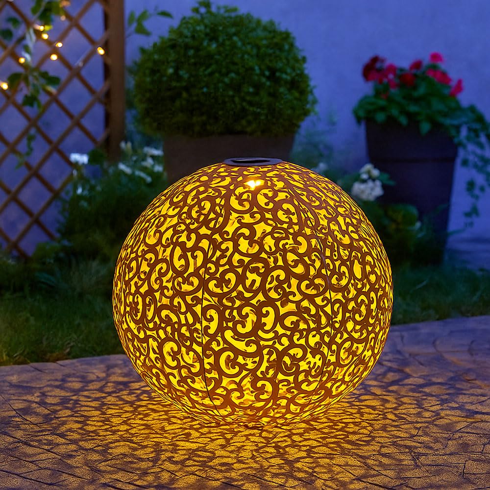 LED Solar Außenlampe Kugel Steckleuchte Metall rostfarben Gartenleuchte Wegelampe Gartendeko, Kugel orientalisch Solarlampe, warmweiß 3000K, Höhe 50 cm