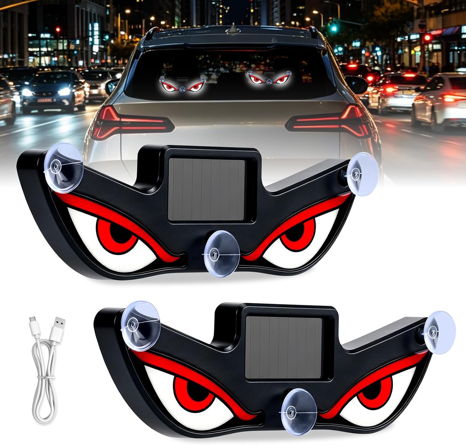 Solar Demon Eye Car Window Light LED Neon Accent Lights Solar & USB Rechargeable Decorative Lamp for Dynamic Windshield 3 Suction Cups No Drill for Cars SUV Truck UTV Motorcycle (Red-Red-White Eye)