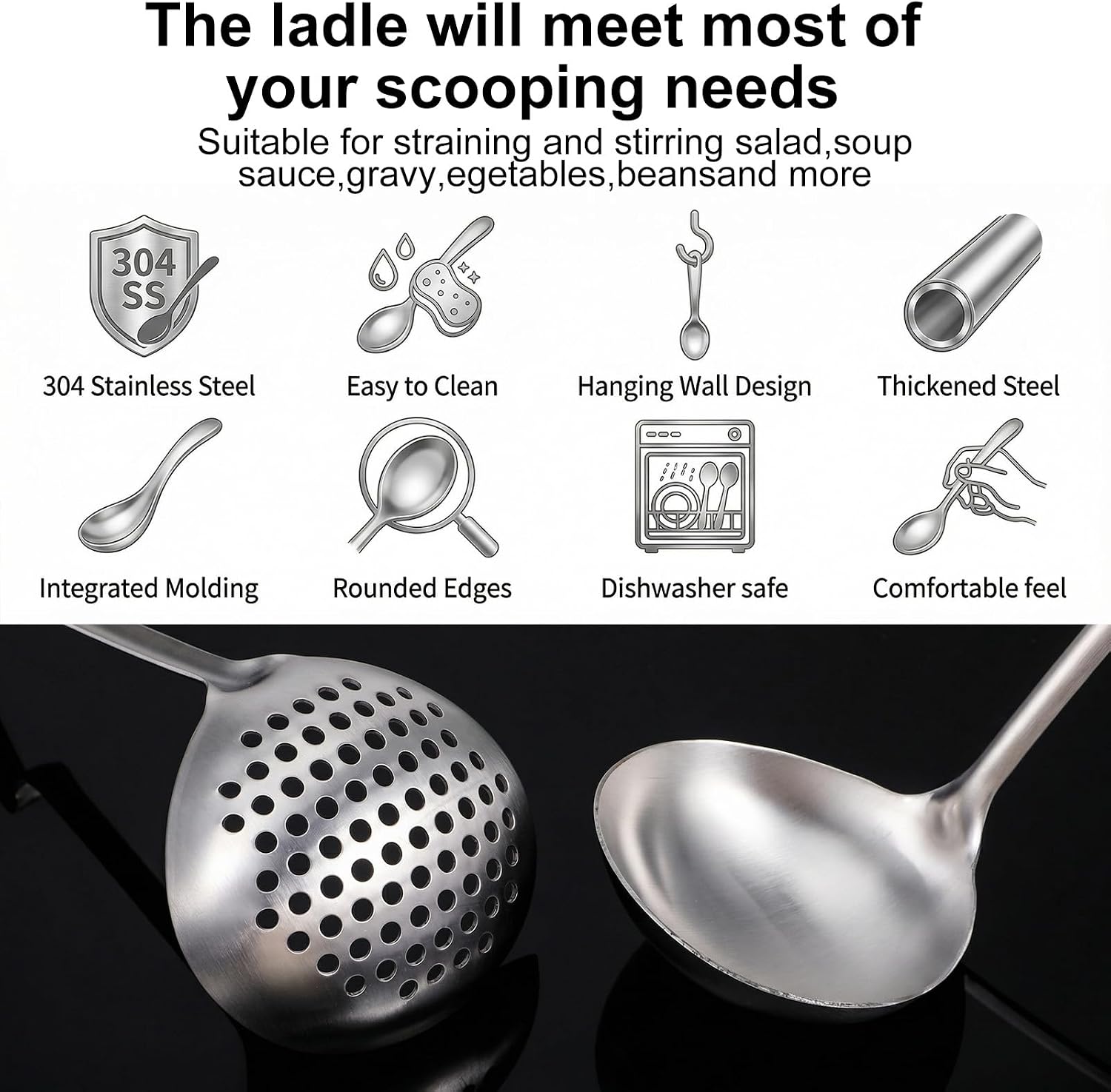 6 Pcs Hot Pot Slotted Ladle Set, Stainless Steel Soup Ladle & Strainer Scoops with Hanging Holes, 12-Inch Long Handle Skimmer for Cooking, Serving, Buffet, Restaurant (Silver)