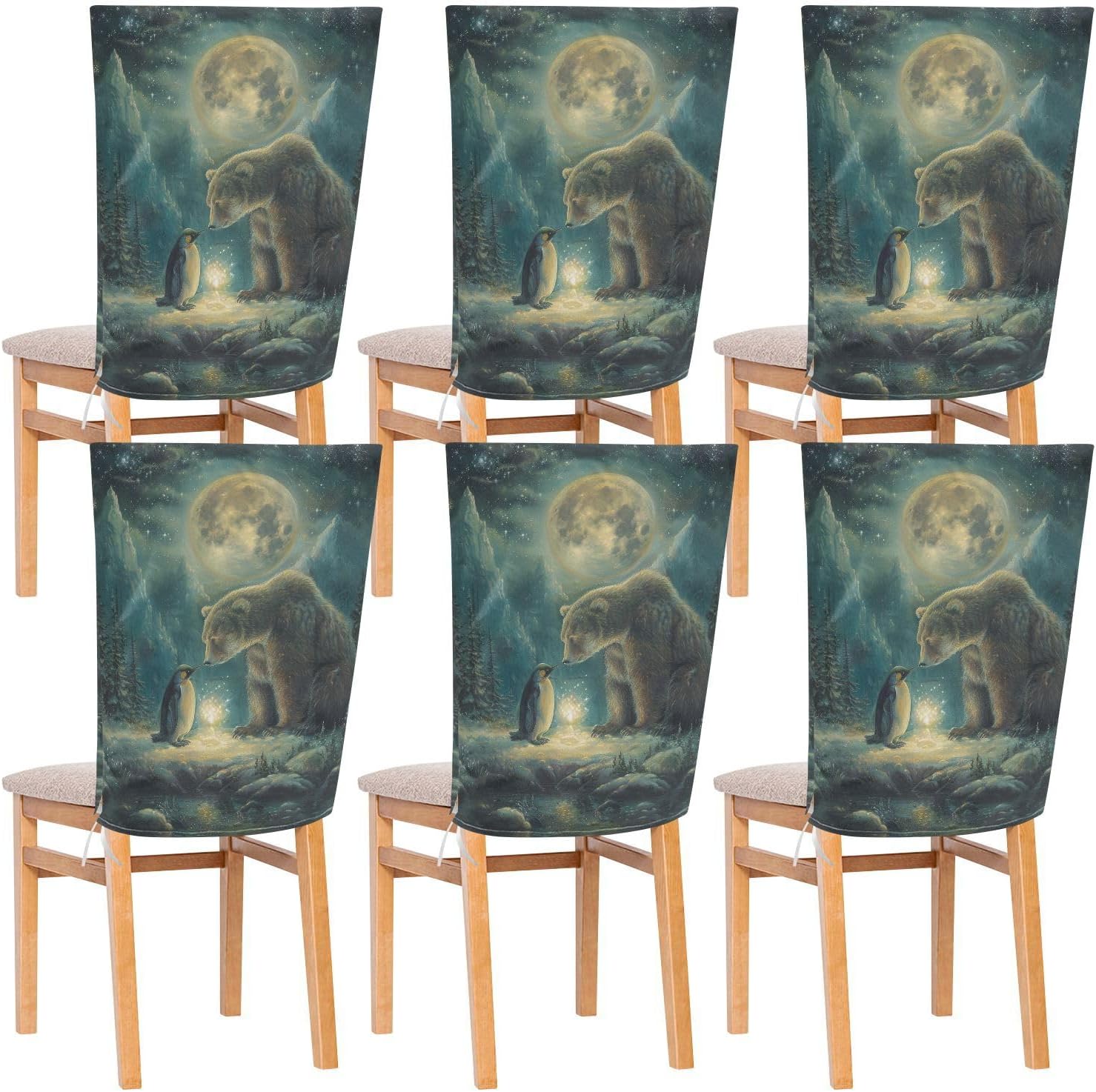 ALAZA Bear Penguin Moon Chair Back Cover Set of 6, Washable Reusable Removable Chair Slipcovers Decorative Chair Cover for Home Kitchen Wedding Party