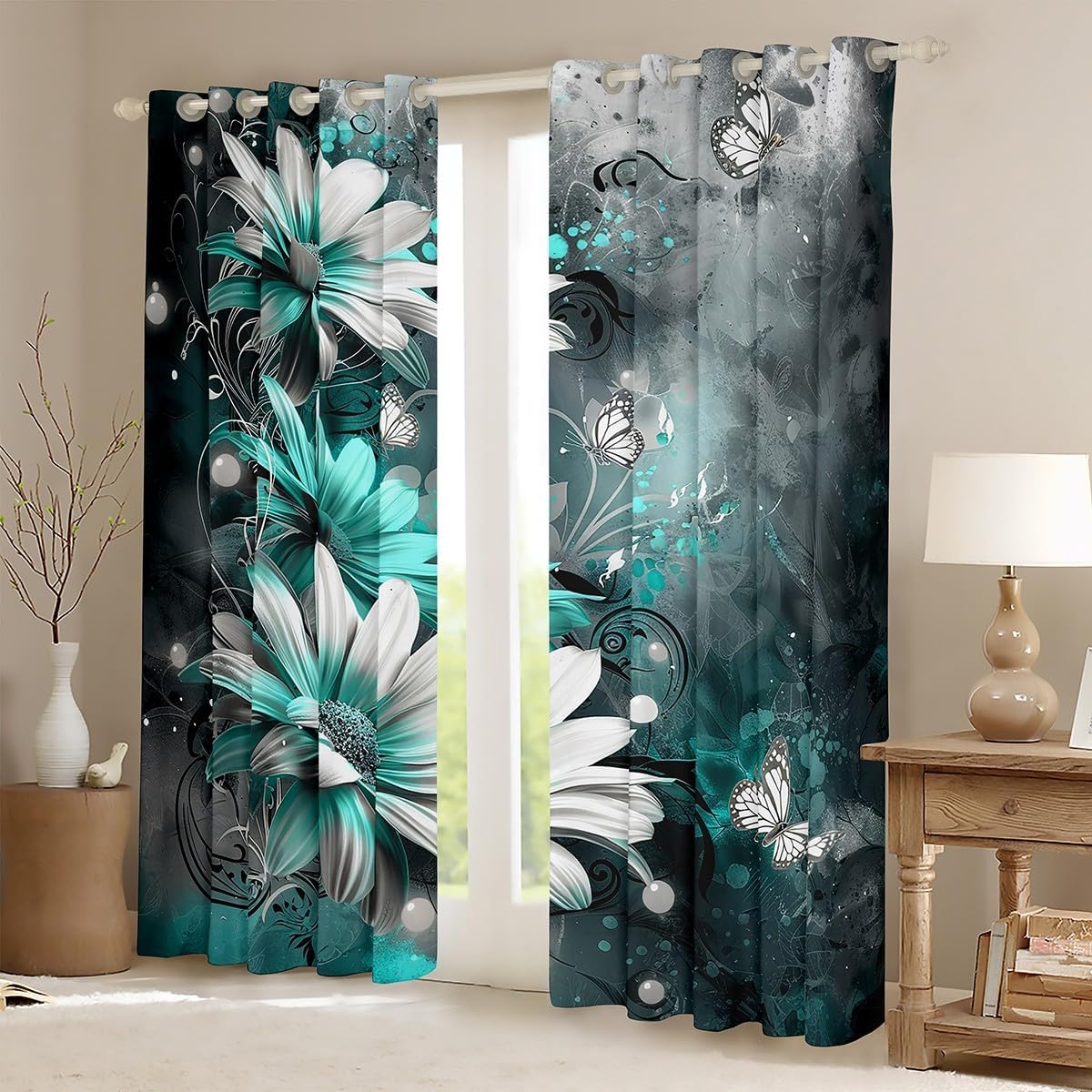 Feelyou Flower Curtains for Bedroom Living Room (2 Panels, 52 x 84 Inch) Kids Vintage Floral Blackout Curtains Boys Girls Teens Butterfly Darkening Drapes Floral Botanical Window Treatments