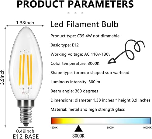 Miniatura 2 de Paquete de 6 bombillas LED E12 de 4 W 120 V B11 con base de filamento, luz blanca cálida de 2700 K, equivalente a 40 W, bombillas decorativas para