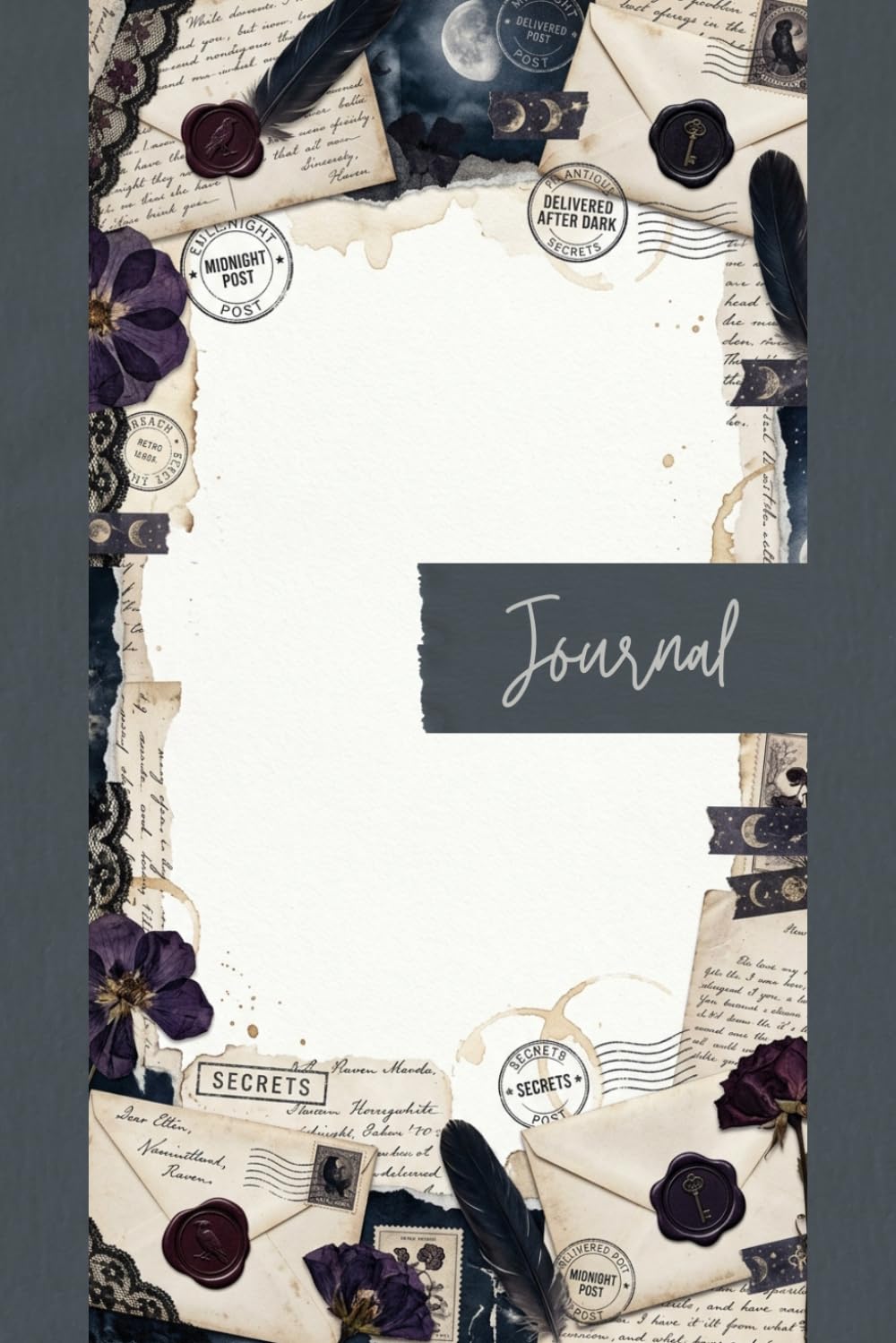 Midnight Post Junk Journal Pages - 6x9 Aesthetic Stationery Paper - 100 Decorative Writing Sheets with Vintage Celestial Moon Phases, Raven Wax Seals, ... and Shabby Chic Dark Ephemera Textures