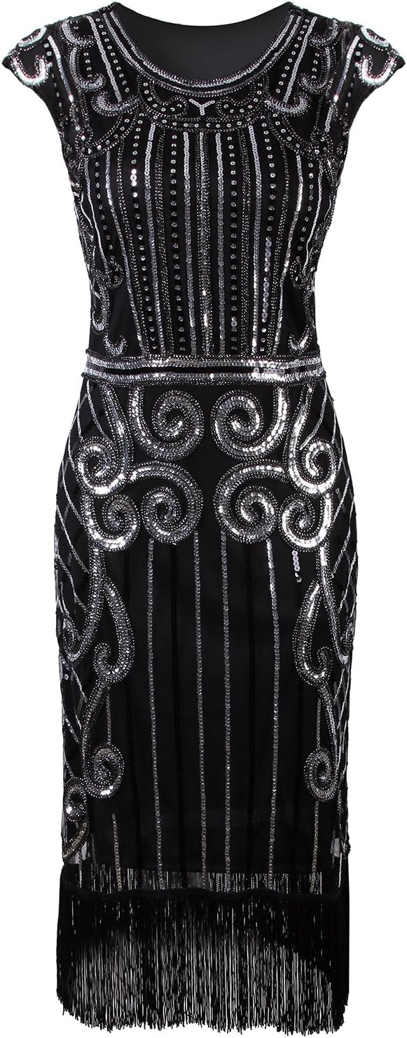 Vijiv 1920s Vintage Inspired Sequin Embellished Fringe Long Gatsby Flapper Dress