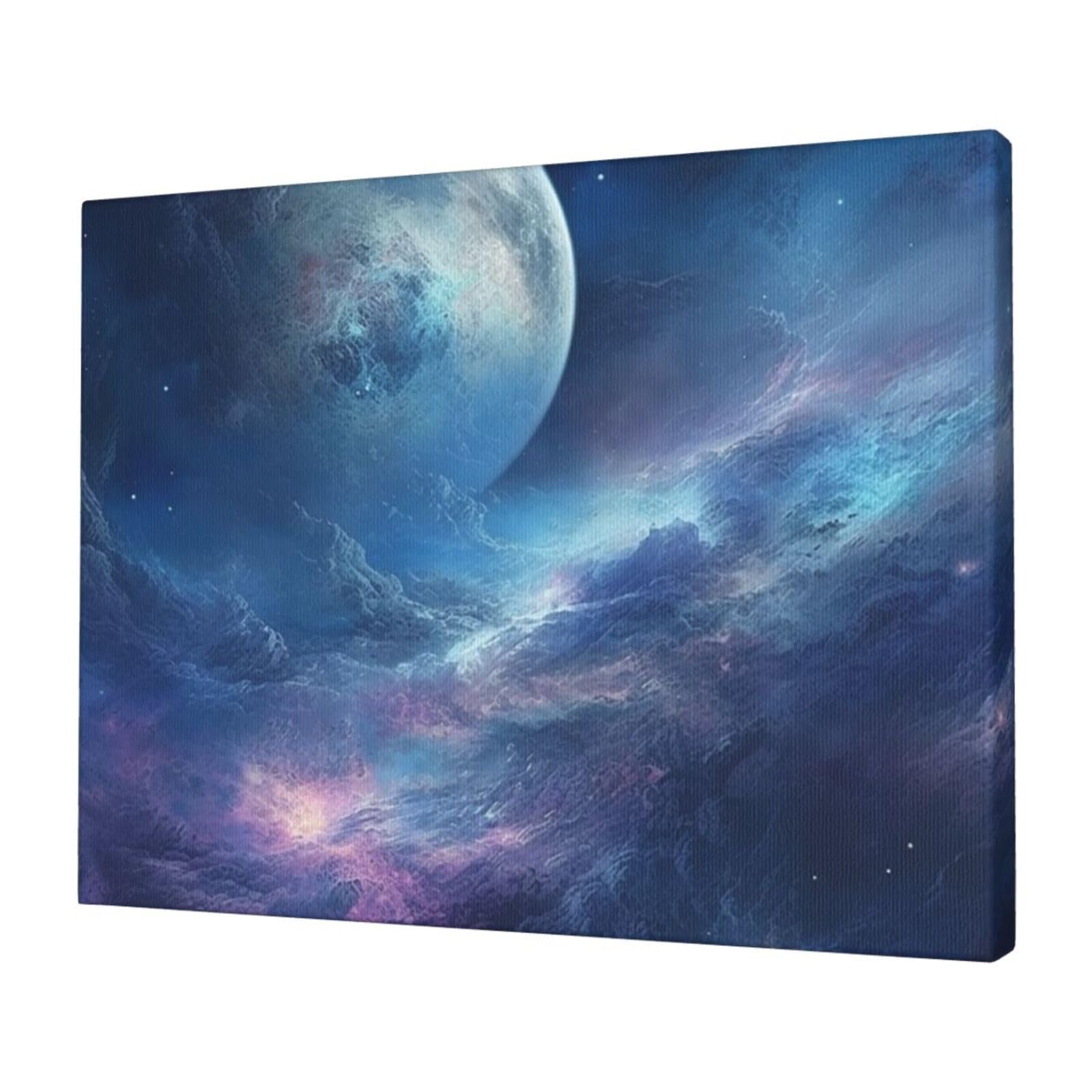 KLOPH Nebula and Moon Canvas Wall Art for Living Room 12"x16" Modern Artwork Painting for Bathroom Hanging Canvas Prints Aesthetic Wallart for Bedroom Kitchen Office Wall Decor