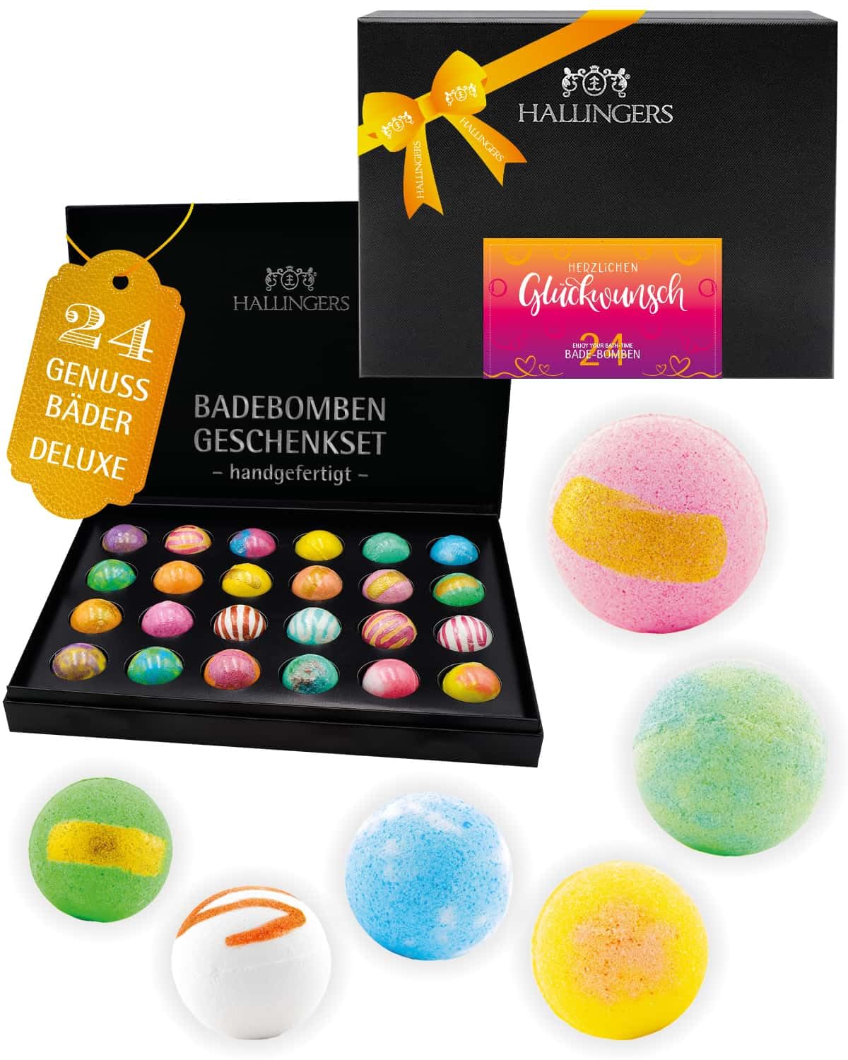 Hallingers Genuss Manufaktur Badebomben Glückwunsch-Geschenk-Set - 24x Badekugeln Bath Bombs, edle Geschenkbox, Frauen Badeperlen-Wellness & Spa ""Herzlichen Glüc..."", Geschenkidee für Frauen Männer