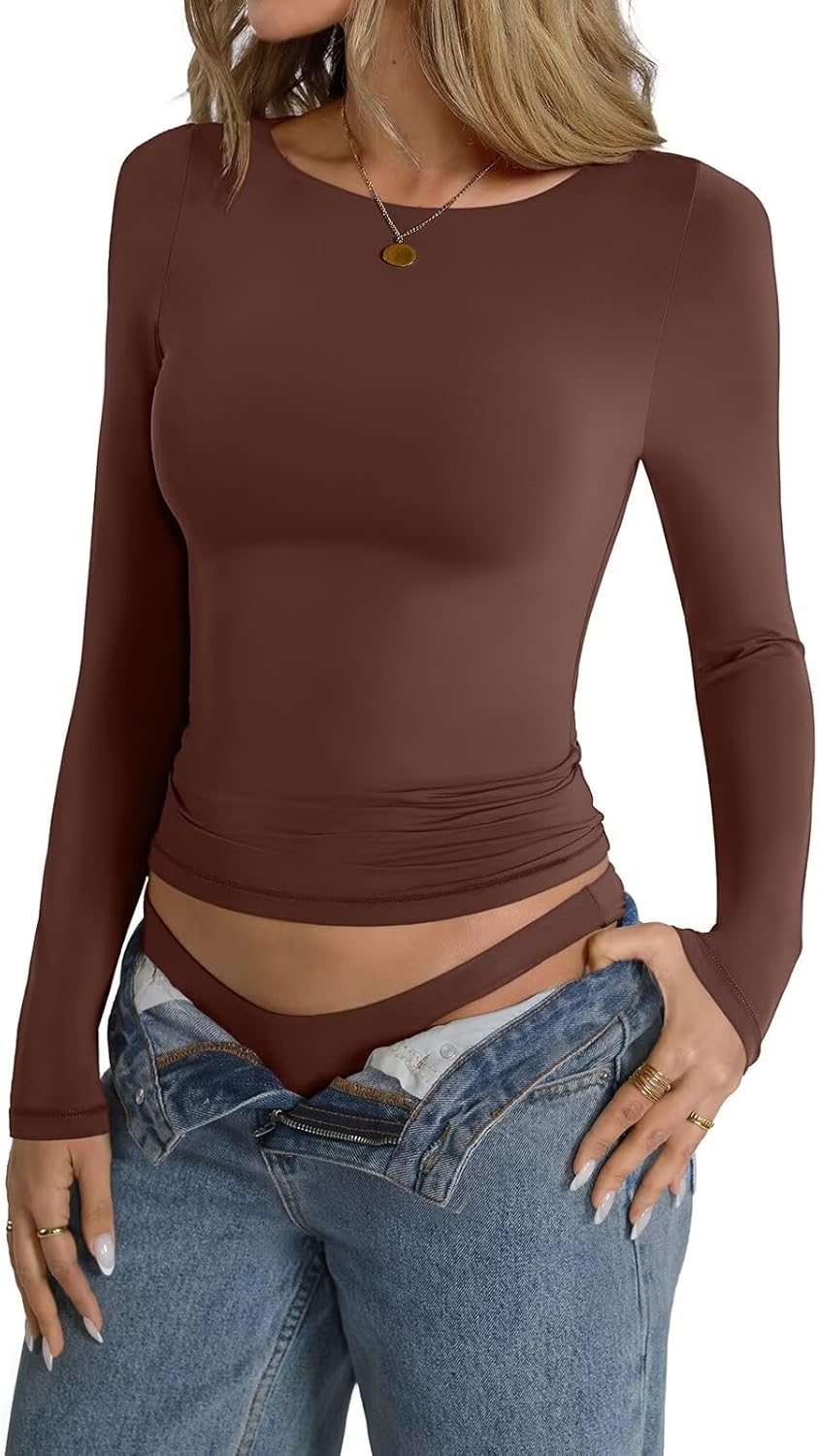 Womens Double Lined Long Sleeve Shirts Boat Neck Going Out Tops Trendy Slim Fitted Tees Basic Fall Outfits 2025 - Image 2