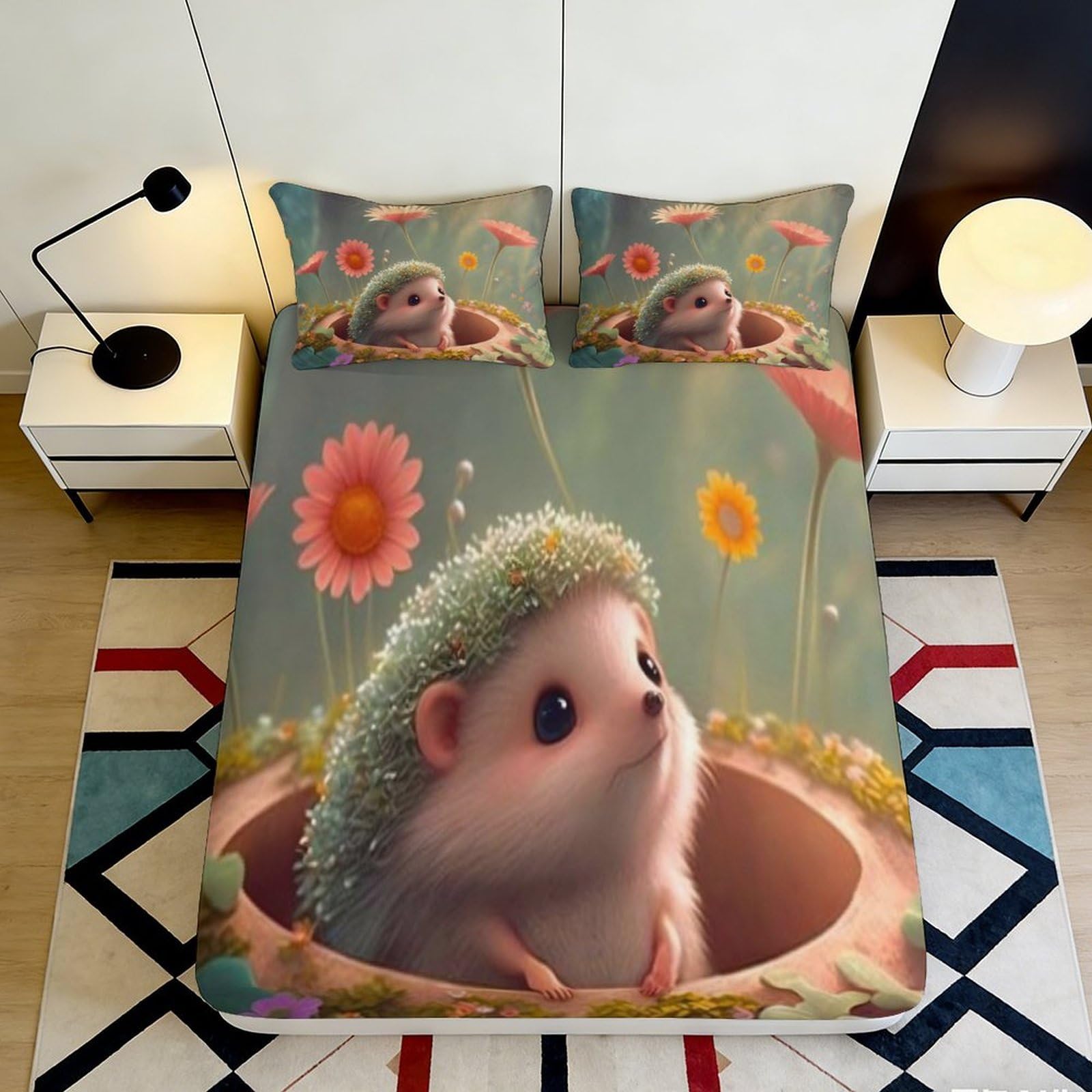 Pnayamiorkfel Style-3 3D Printed Hedgehog Flower Fitted Sheet Microfiber Soft Breathable Meadow Bed Cover For Bedroom Dorm Decor 90X200x25cm