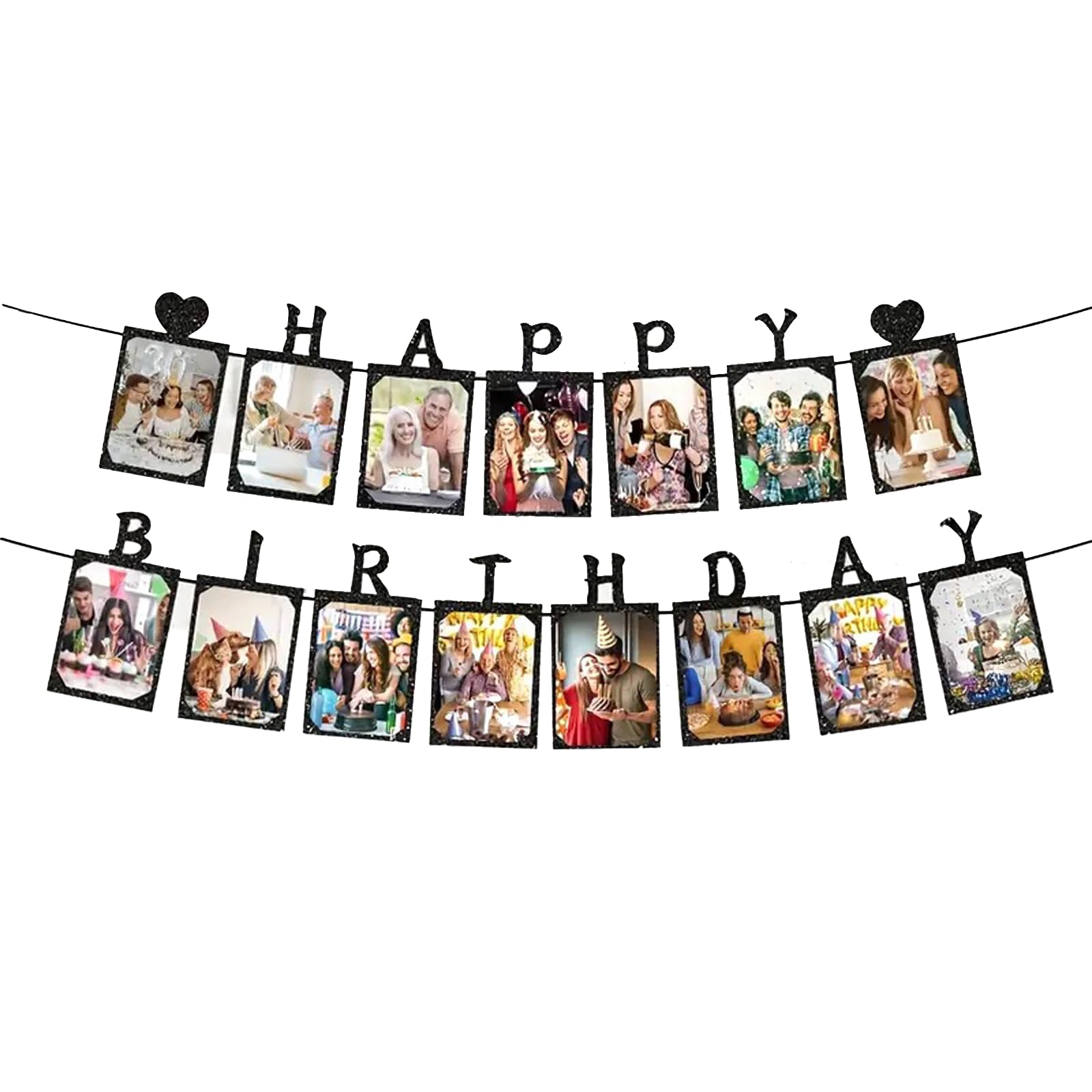 Happy Birthday Banner Personalised Photo Banner - Black Glitter Birthday Sign Holds 15 6x4 Photos for Party Decorations