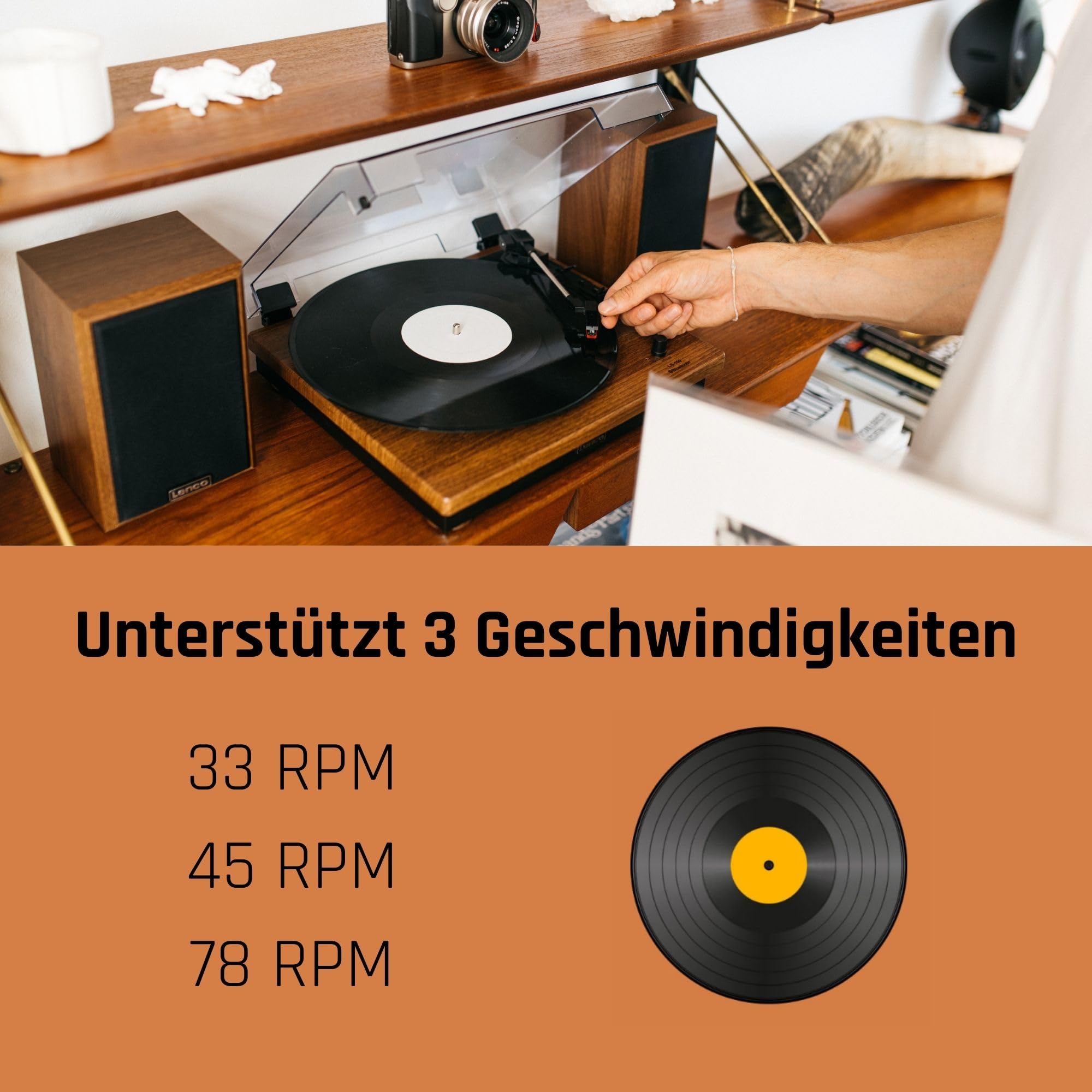 Lenco LS-100WD - Plattenspieler mit Lautsprecher - Schallplattenspieler | LS-100 - Vinyl Player - Bluetooth 5.0 - 2 x 10 Watt RMS - Riemenantrieb - Auto-Stopp - Holz