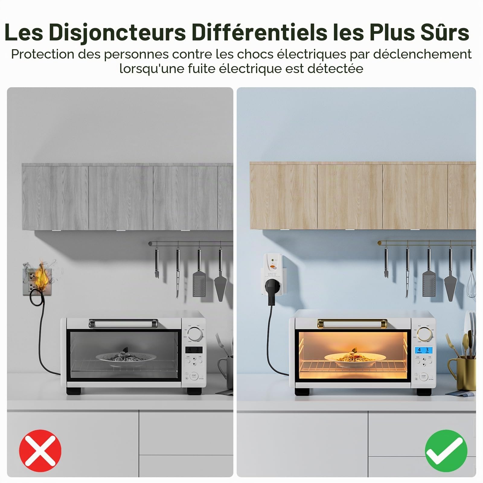 Prise de disjoncteur Fi - Anti-fuites et chocs électriques - Contact de protection 10 mA - 230 V - 16 A - Convient pour appareils ménagers et outils