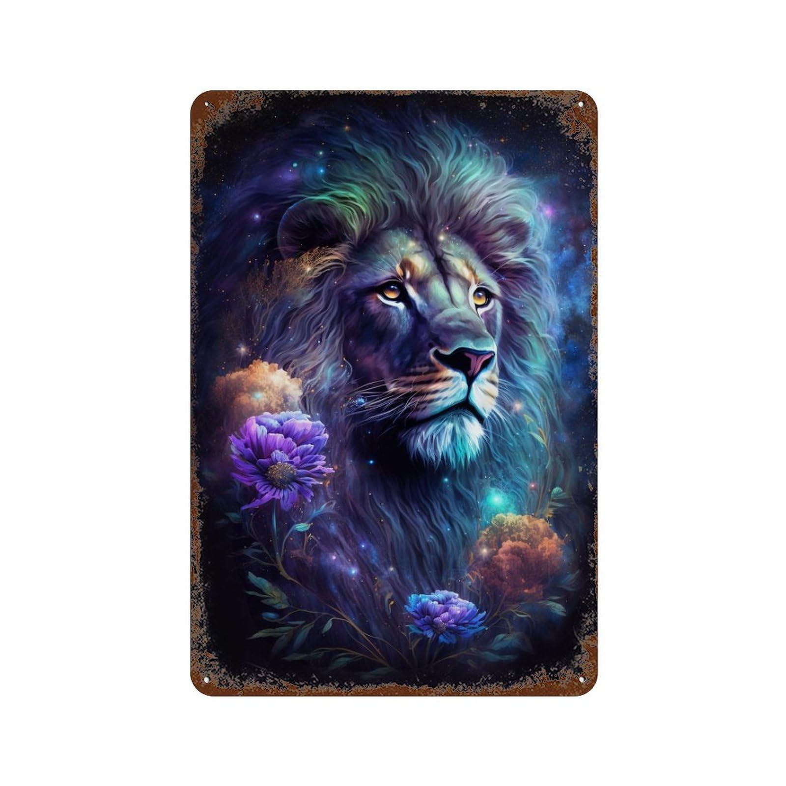 Rust Effect Enchanted Lion Fantasy Artwork Rustic Tin Plaque 11.8"x7.9", Shabby Chic Decor for Basement, Hobby Room And Garage Decor
