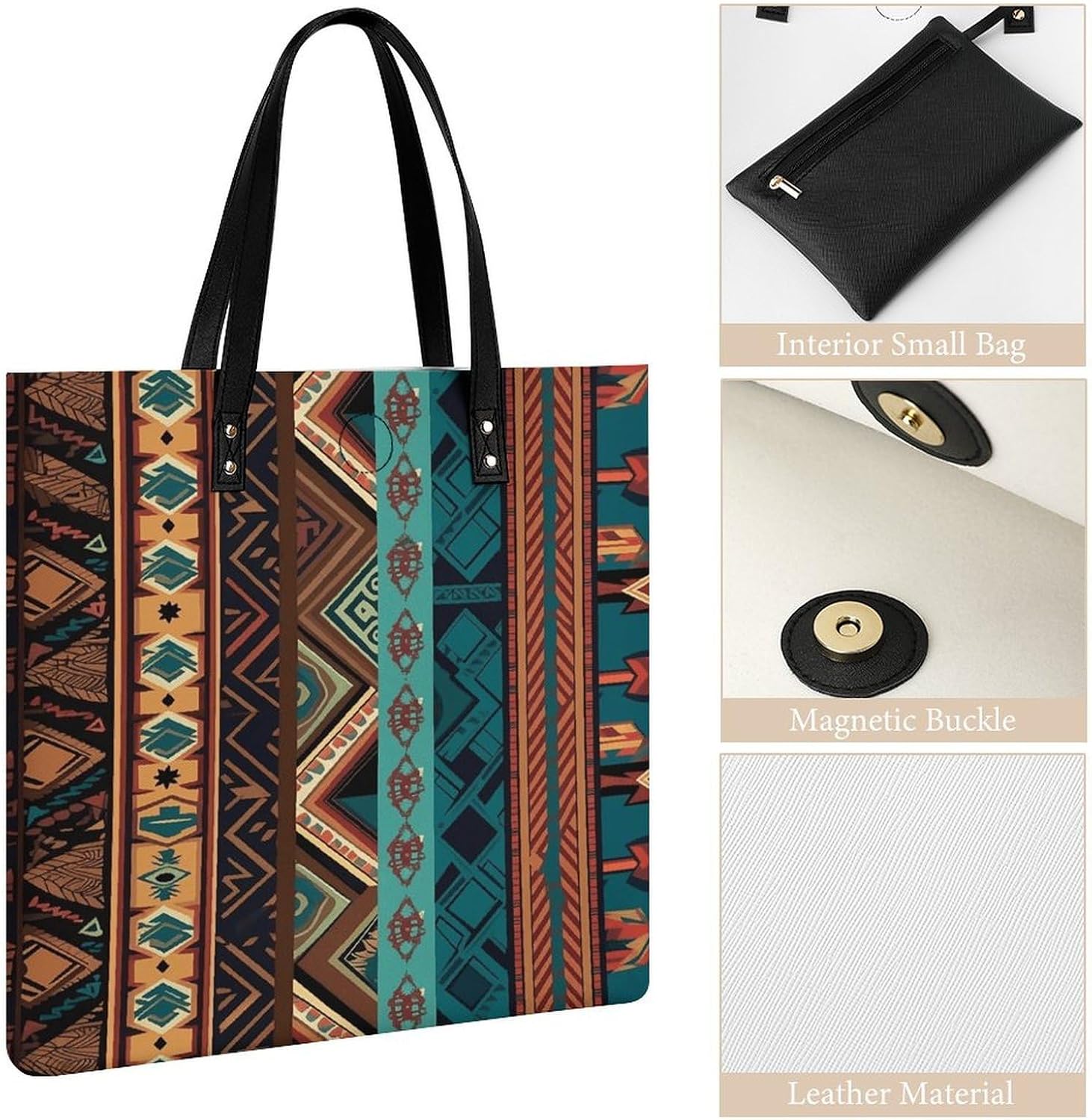 Southwest Native Art Patterns Tote Bag with Magnetic Buckle Reusable Grocery Bags Lightweight Cross Body Handbag for Daily Essentials